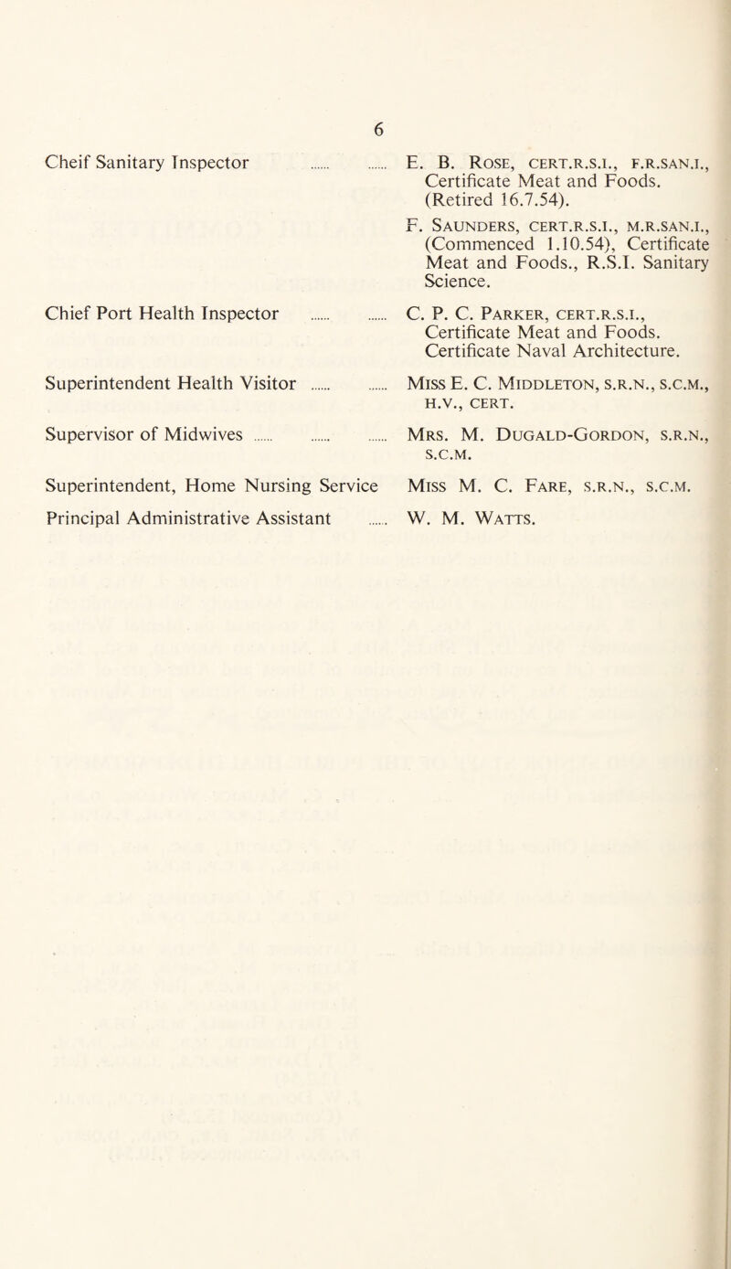 Cheif Sanitary Inspector . Chief Port Health Inspector . Superintendent Health Visitor . Supervisor of Midwives . Superintendent, Home Nursing Service Principal Administrative Assistant E. B. Rose, cert.r.s.i., f.r.san.i.. Certificate Meat and Foods. (Retired 16.7.54). F. Saunders, cert.r.s.i., m.r.san.i., (Commenced 1.10.54), Certificate Meat and Foods., R.S.I. Sanitary Science. C. P. C. Parker, cert.r.s.i.. Certificate Meat and Foods. Certificate Naval Architecture. Miss E. C. Middleton, s.r.n., s.c.m., H.V., CERT. Mrs. M. Dugald-Gordon, s.r.n., s.c.m. Miss M. C. Fare, s.r.n., s.c.m. W. M. Watts.