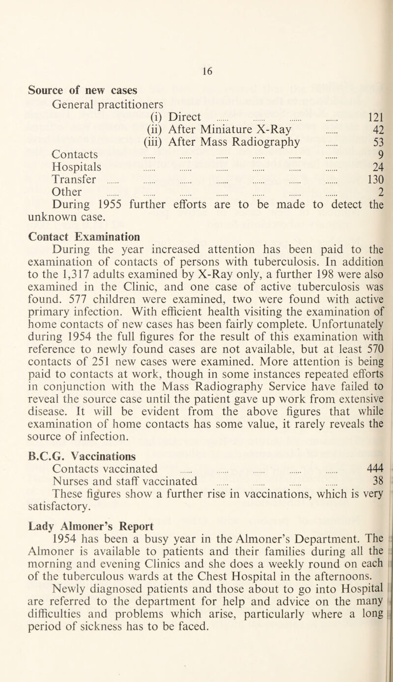 Source of new cases General practitioners (i) Direct . 121 (ii) After Miniature X-Ray . 42 (iii) After Mass Radiography . 53 Contacts . 9 Hospitals . 24 Transfer . 130 Other . 2 During 1955 further efforts are to be made to detect the unknown case. Contact Examination During the year increased attention has been paid to the examination of contacts of persons with tuberculosis. In addition to the 1,317 adults examined by X-Ray only, a further 198 were also examined in the Clinic, and one case of active tuberculosis was found. 577 children were examined, two were found with active primary infection. With efficient health visiting the examination of home contacts of new cases has been fairly complete. Unfortunately during 1954 the full figures for the result of this examination with reference to newly found cases are not available, but at least 570 contacts of 251 new cases were examined. More attention is being paid to contacts at work, though in some instances repeated efforts in conjunction with the Mass Radiography Service have failed to reveal the source case until the patient gave up work from extensive disease. It will be evident from the above figures that while examination of home contacts has some value, it rarely reveals the source of infection. B.C.G. Vaccinations Contacts vaccinated . 444 Nurses and staff vaccinated . 38 These figures show a further rise in vaccinations, which is very satisfactory. Lady Almoner’s Report 1954 has been a busy year in the Almoner’s Department. The i; Almoner is available to patients and their families during all the morning and evening Clinics and she does a weekly round on each of the tuberculous wards at the Chest Hospital in the afternoons. Newly diagnosed patients and those about to go into Hospital are referred to the department for help and advice on the many difficulties and problems which arise, particularly where a long . period of sickness has to be faced.