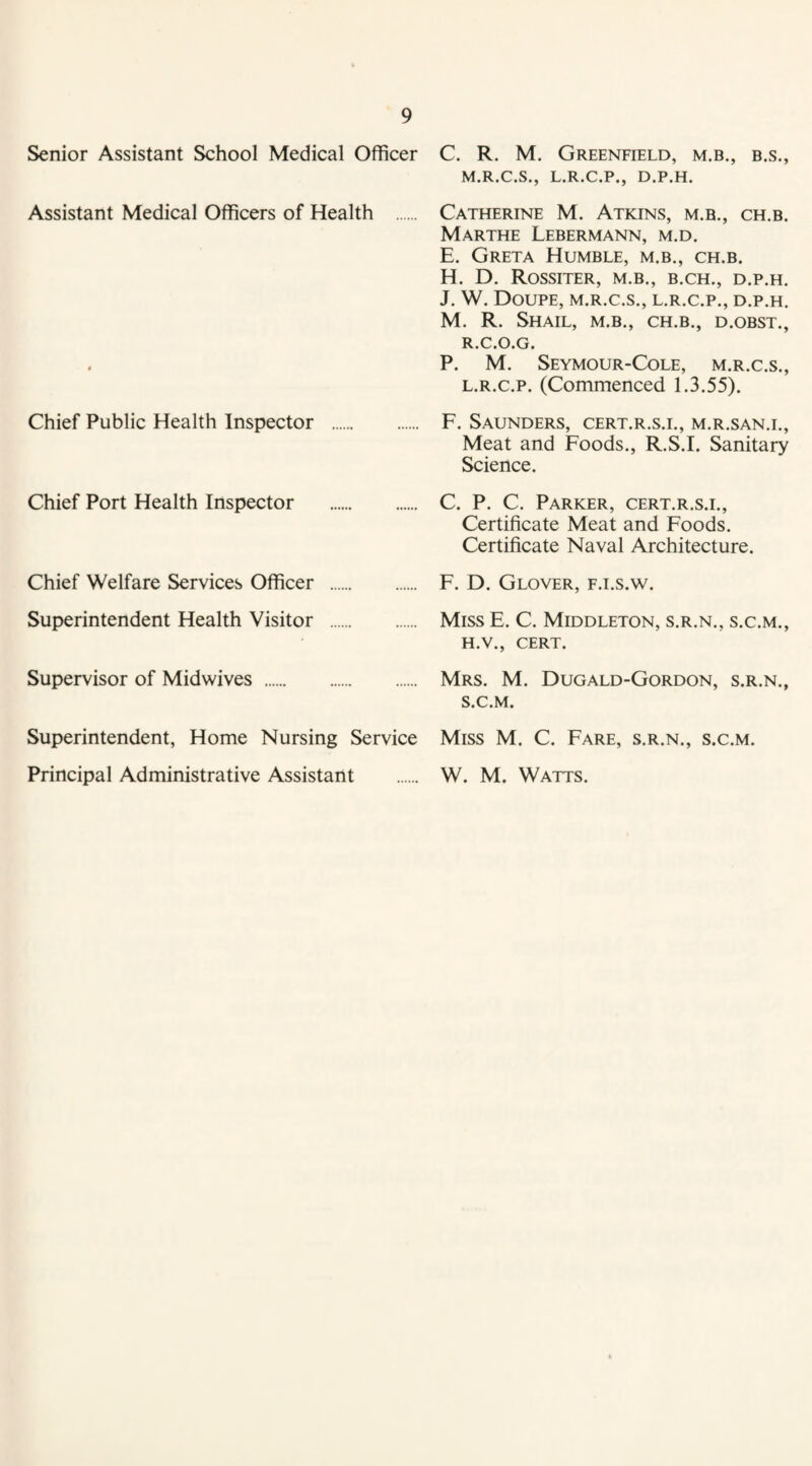 Senior Assistant School Medical Officer Assistant Medical Officers of Health . Chief Public Health Inspector . Chief Port Health Inspector . Chief Welfare Services Officer . Superintendent Health Visitor . Supervisor of Midwives . Superintendent, Home Nursing Service Principal Administrative Assistant C. R. M. Greenfield, m.b., b.s., M.R.C.S., L.R.C.P., D.P.H. Catherine M. Atkins, m.b., ch.b. Marthe Lebermann, m.d. E. Greta Humble, m.b., ch.b. H. D. Rossiter, m.b., b.ch., d.p.h. J. W. DoUPE, M.R.C.S., L.R.C.P., D.P.H. M. R. Shail, m.b., ch.b., d.obst., R. C.O.G. P. M. SeYMOUR-CoLE, M.R.C.S., L.R.c.p. (Commenced 1.3.55). F. Saunders, cert.r.s.i., m.r.san.l. Meat and Foods., R.S.I. Sanitary Science. C. P. C. Parker, cert.r.s.i.. Certificate Meat and Foods. Certificate Naval Architecture. F. D. Glover, f.i.s.w. Miss E. C. Middleton, s.r.n., s.c.m., H.V., CERT. Mrs. M. Dugald-Gordon, s.r.n., S. C.M. Miss M. C. Fare, s.r.n., s.c.m. W. M. Watts.