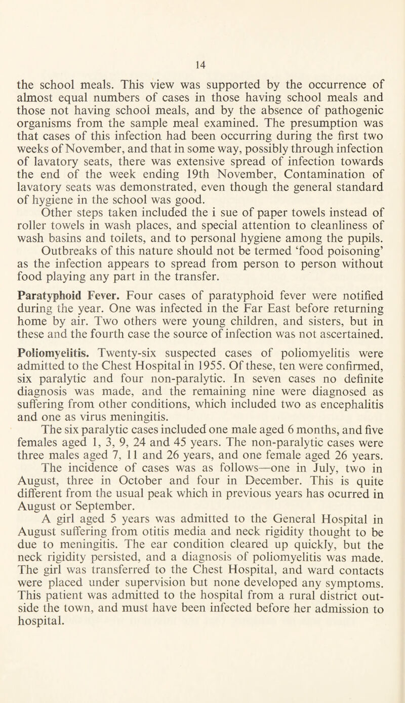 the school meals. This view was supported by the occurrence of almost equal numbers of cases in those having school meals and those not having school meals, and by the absence of pathogenic organisms from the sample meal examined. The presumption was that cases of this infection had been occurring during the first two weeks of November, and that in some way, possibly through infection of lavatory seats, there was extensive spread of infection towards the end of the week ending 19th November, Contamination of lavatory seats was demonstrated, even though the general standard of hygiene in the school was good. Other steps taken included the i sue of paper towels instead of roller towels in wash places, and special attention to cleanliness of wash basins and toilets, and to personal hygiene among the pupils. Outbreaks of this nature should not be termed ‘food poisoning’ as the infection appears to spread from person to person without food playing any part in the transfer. Paratyphoid Fever. Four cases of paratyphoid fever were notified during the year. One was infected in the Far East before returning home by air. Two others were young children, and sisters, but in these and the fourth case the source of infection was not ascertained. Poliomyelitis. Twenty-six suspected cases of poliomyelitis were admitted to the Chest Hospital in 1955. Of these, ten were confirmed, six paralytic and four non-paralytic. In seven cases no definite diagnosis was made, and the remaining nine were diagnosed as suffering from other conditions, which included two as encephalitis and one as virus meningitis. The six paralytic cases included one male aged 6 months, and five females aged 1, 3, 9, 24 and 45 years. The non-paralytic cases were three males aged 7, 11 and 26 years, and one female aged 26 years. The incidence of cases was as follows—one in July, two in August, three in October and four in December. This is quite different from the usual peak which in previous years has ocurred in August or September. A girl aged 5 years was admitted to the General Hospital in August suffering from otitis media and neck rigidity thought to be due to meningitis. The ear condition cleared up quickly, but the neck rigidity persisted, and a diagnosis of poliomyelitis was made. The girl was transferred to the Chest Hospital, and ward contacts were placed under supervision but none developed any symptoms. This patient was admitted to the hospital from a rural district out¬ side the town, and must have been infected before her admission to hospital.