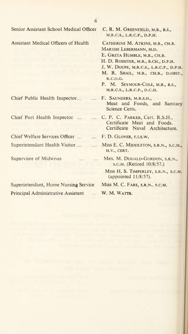 Senior Assistant School Medical Officer Assistant Medical Officers of Health Chief Public Health Inspector. Chief Port Health Inspector . Chief Welfare Services Officer . Superintendant Health Visitor. Supervisor of Midwives . Superintendant, Home Nursing Service Principal Administrative Assistant C. R. M. Greenfield, m.b., b.s., M.R.C.S., L.R.C.P., D.P.H. Catherine M. Atkins, m.b., ch.b. Marthe Lebermann, m.d. E. Greta Humble, m.b., ch.b. H. D. Rossiter, m.b., b.ch., d.p.h. J. W. DOUPE, M.R.C.S., L.R.C.P., D.P.H. M. R. Shail, m.b., ch.b., d.obst., R.C.O.G. P. M. Seymour-Cole, m.b., b.s., M.R.C.S., L.R.C.P., D.C.H. F. Saunders, m.r.s.h., Meat and Foods, and Sanitary Science Certs. C. P. C. Parker, Cert. R.S.H., Certificate Meat and Foods. Certificate Naval Architecture. F. D. Glover, f.i.s.w. Miss E. C. Middleton, s.r.n., s.c.m., H.V., CERT. Mrs. M. Dugald-Gordon, s.r.n., s.c.m. (Retired 10/8/57.) Miss H. S. Timperley, s.r.n., s.c.m. (appointed 11/8/57). Miss M. C. Fare, s.r.n., s.c.m. W. M. Watts.