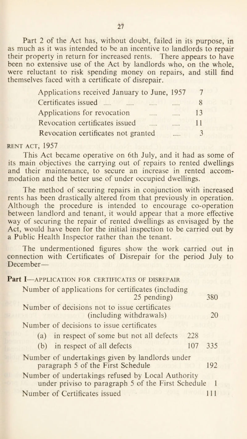 Part 2 of the Act has, without doubt, failed in its purpose, in as much as it was intended to be an incentive to landlords to repair their property in return for increased rents. There appears to have been no extensive use of the Act by landlords who, on the whole, were reluctant to risk spending money on repairs, and still find themselves faced with a certificate of disrepair. Applications received January to June, 1957 7 Certificates issued . 8 Applications for revocation . 13 Revocation certificates issued . 11 Revocation certificates not granted . 3 rent act, 1957 This Act became operative on 6th July, and it had as some of its main objectives the carrying out of repairs to rented dwellings and their maintenance, to secure an increase in rented accom¬ modation and the better use of under occupied dwellings. The method of securing repairs in conjunction with increased rents has been drastically altered from that previously in operation. Although the procedure is intended to encourage co-operation between landlord and tenant, it would appear that a more effective way of securing the repair of rented dwellings as envisaged by the Act, would have been for the initial inspection to be carried out by a Public Health Inspector rather than the tenant. The undermentioned figures show the work carried out in connection with Certificates of Disrepair for the period July to December— Part I—APPLICATION FOR CERTIFICATES OF DISREPAIR Number of applications for certificates (including 25 pending) 380 Number of decisions not to issue certificates (including withdrawals) 20 Number of decisions to issue certificates (a) in respect of some but not all defects 228 (b) in respect of all defects 107 335 Number of undertakings given by landlords under paragraph 5 of the First Schedule 192 Number of undertakings refused by Local Authority under priviso to paragraph 5 of the First Schedule 1 Number of Certificates issued 111