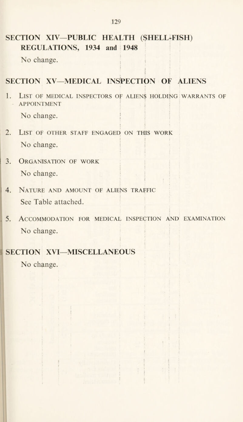 SECTION XIV—PUBLIC HEALTH (SHELL-FISH) REGULATIONS, 1934 and 1948 No change. ! I 3. 5. SECTION XV—MEDICAL INSPECTION OF ALIENS . ! 1. List of medical inspectors of aliens holding warrants of - APPOINTMENT j ; No change. : ; , ' ) 2. List of other staff engaged on this work ' ? i No change. i i ' ^ • Organisation of work No change. : i ‘ ' ; Nature and amount of aliens traffic j See Table attached. 5 Accommodation for medical inspection and examination No change. ^ 1 SECTION XVI—MISCELLANEOUS No change. 1