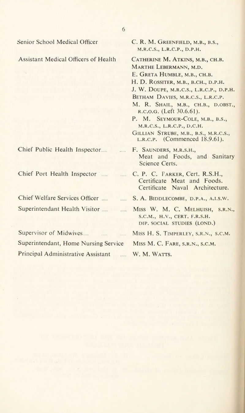 Senior School Medical Officer Assistant Medical Officers of Health Chief Public Health Inspector. Chief Port Health Inspector . Chief Welfare Services Officer . Superintendant Health Visitor. Supervisor of Midwives. Superintendant, Home Nursing Service Principal Administrative Assistant C. R. M. Greenfield, m.b., b.s., M.R.C.S., L.R.C.P., D.P.H. Catherine M. Atkins, m.b., ch.b. Marthe Lebermann, m.d. E. Greta Humble, m.b., ch.b. H. D. Rossiter, m.b., b.ch., d.p.h. J. W. DoUPE, M.R.C.S., L.R.C.P., D.P.H. Betham Davies, m.r.c.s., l.r.c.p. M. R. Shail, m.b., ch.b., d.obst., R. c.o.G. (Left 30.6.61). P. M. Seymour-Cole, m.b., b.s., M.R.C.S., L.R.C.P., D.C.H. Gillian Strube, m.b., b.s., m.r.c.s., L.R.C.P. (Commenced 18.9.61). F. Saunders, m.r.s.h.. Meat and Foods, and Sanitary Science Certs. C. P. C. Parker, Cert. R.S.H., Certificate Meat and Foods. Certificate Naval Architecture. S. A. Biddlecombe, d.p.a., a.i.s.w. Miss W. M. C. Melhuish, s.r.n., S. C.M., H.V., cert. F.R.S.H. DIP. SOCIAL STUDIES (LOND.) Miss H. S. Timperley, s.r.n., s.c.m. Miss M. C. Fare, s.r.n., s.c.m. W. M. Watts.