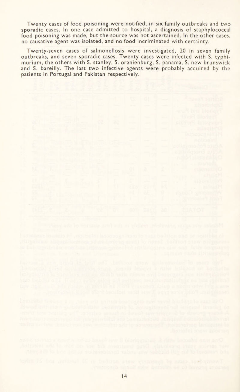 Twenty cases of food poisoning were notified, in six family outbreaks and two sporadic cases. In one case admitted to hospital, a diagnosis of staphylococcal food poisoning was made, but the source was not ascertained. In the other cases, no causative agent was isolated, and no food incriminated with certainty. Twenty-seven cases of salmonellosis were investigated, 20 in seven family outbreaks, and seven sporadic cases. Twenty cases were infected with S. typhi- murium, the others with S. Stanley, S. oranienburg, S. panama, S. new brunswick and S. bareilly. The last two infective agents were probably acquired by the patients in Portugal and Pakistan respectively.