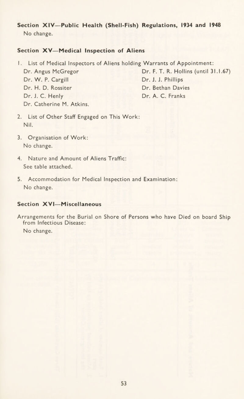 Section XIV—Public Health (Shell-Fish) Regulations, 1934 and 1948 No change. Section XV—Medical Inspection of Aliens I. List of Medical Inspectors of Aliens holding Warrants of Appointment: Dr. F. T. R. Hollins (until 31.1.67) Dr. J. J. Phillips Dr. Bethan Davies Dr. A. C. Franks Dr. Angus McGregor Dr. W. P. Cargill Dr. H. D. Rossiter Dr. J. C. Henly Dr. Catherine M. Atkins. 2. List of Other Staff Engaged on This Work: Nil. 3. Organisation of Work: No change. 4. Nature and Amount of Aliens Traffic: See table attached. 5. Accommodation for Medical Inspection and Examination: No change. Section XVI—Miscellaneous Arrangements for the Burial on Shore of Persons who have Died on board Ship from Infectious Disease: No change.
