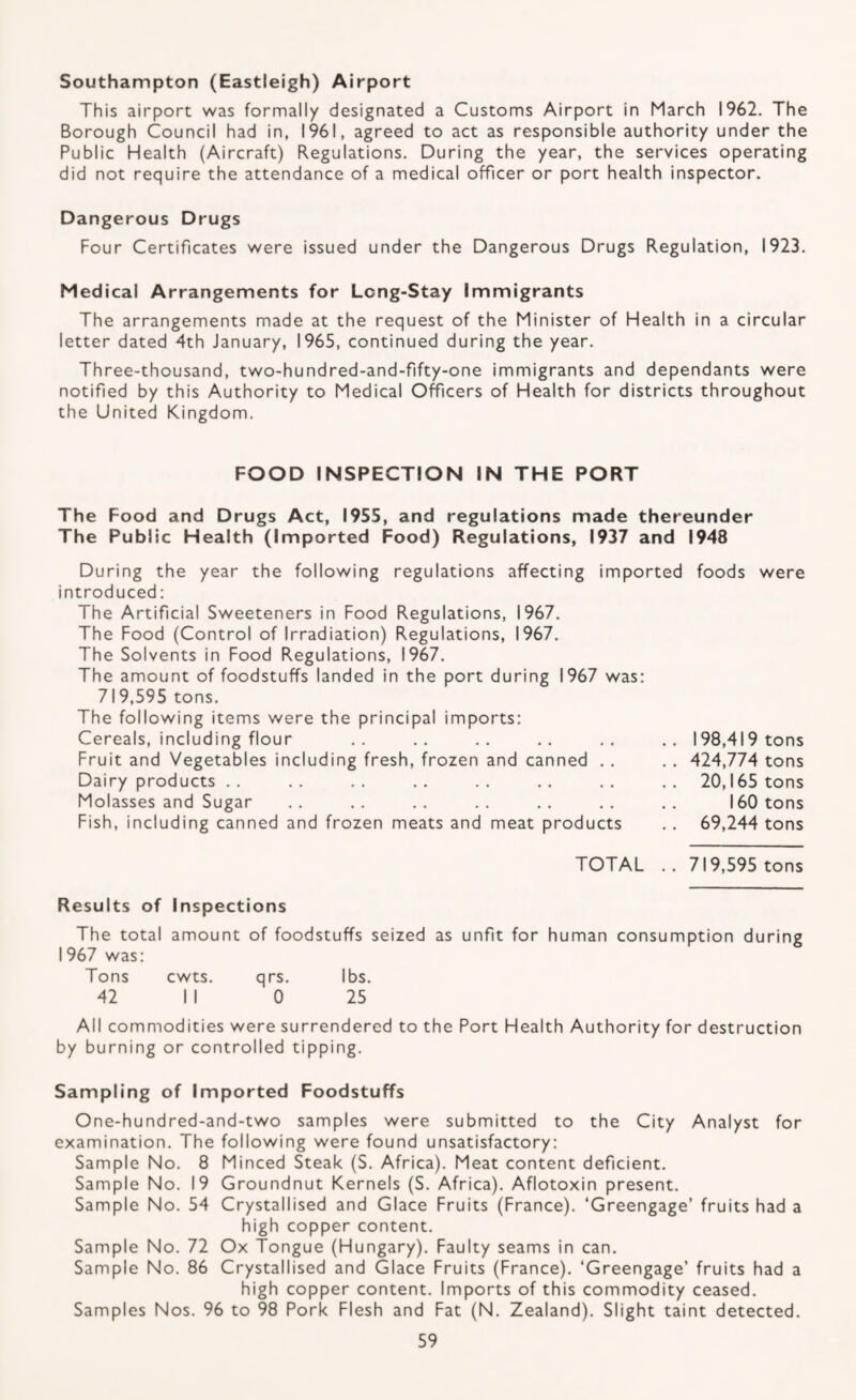 Southampton (Eastleigh) Airport This airport was formally designated a Customs Airport in March 1962. The Borough Council had in, 1961, agreed to act as responsible authority under the Public Health (Aircraft) Regulations. During the year, the services operating did not require the attendance of a medical officer or port health inspector. Dangerous Drugs Four Certificates were issued under the Dangerous Drugs Regulation, 1923. Medical Arrangements for Long-Stay Immigrants The arrangements made at the request of the Minister of Health in a circular letter dated 4th January, 1965, continued during the year. Three-thousand, two-hundred-and-fifty-one immigrants and dependants were notified by this Authority to Medical Officers of Health for districts throughout the United Kingdom. FOOD INSPECTION IN THE PORT The Food and Drugs Act, 1955, and regulations made thereunder The Public Health (Imported Food) Regulations, 1937 and 1948 During the year the following regulations affecting imported foods were introduced; The Artificial Sweeteners in Food Regulations, 1967. The Food (Control of Irradiation) Regulations, 1967. The Solvents in Food Regulations, 1967. The amount of foodstuffs landed in the port during 1967 was: 719,595 tons. The following items were the principal imports: Cereals, including flour Fruit and Vegetables including fresh, frozen and canned . . Dairy products . . Molasses and Sugar Fish, including canned and frozen meats and meat products TOTAL .. 198,419 tons .. 424,774 tons 20,165 tons 160 tons .. 69,244 tons .. 719,595 tons Results of Inspections The total amount of foodstuffs seized as unfit for human consumption during 1967 was: Tons cwts. qrs. lbs. 42 II 0 25 All commodities were surrendered to the Port Health Authority for destruction by burning or controlled tipping. Sampling of Imported Foodstuffs One-hundred-and-two samples were submitted to the City Analyst for examination. The following were found unsatisfactory: Sample No. 8 Minced Steak (S. Africa). Meat content deficient. Sample No. 19 Groundnut Kernels (S. Africa). Aflotoxin present. Sample No. 54 Crystallised and Glace Fruits (France). ‘Greengage’ fruits had a high copper content. Sample No. 72 Ox Tongue (Hungary). Faulty seams in can. Sample No. 86 Crystallised and Glace Fruits (France). ‘Greengage’ fruits had a high copper content. Imports of this commodity ceased. Samples Nos. 96 to 98 Pork Flesh and Fat (N. Zealand). Slight taint detected.