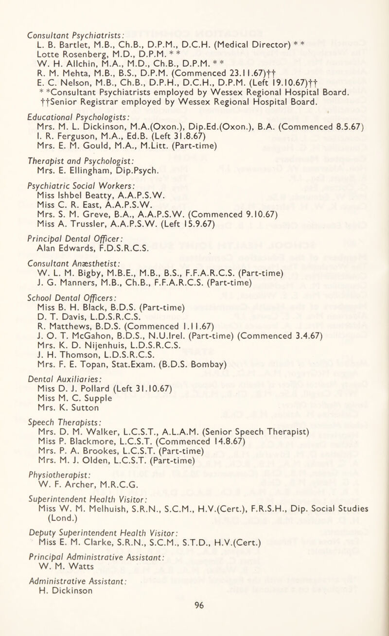 Consultant Psychiatrists: L. B. Bartlet, M.B., Ch.B., D.P.M., D.C.H. (Medical Director) * * Lotte Rosenberg, M.D., D.P.M. * * W. H. Allchin, M.A., M.D., Ch.B., D.P.M. * * R. M. Mehta, M.B., B.S., D.P.M. (Commenced 23.1 l.67)tt E. C. Nelson, M.B., Ch.B., D.P.H., D.C.H., D.P.M. (Left I9.l0.67)tt * ^Consultant Psychiatrists employed by Wessex Regional Hospital Board. tfSenior Registrar employed by Wessex Regional Hospital Board. Educational Psychologists: Mrs. M. L. Dickinson, M.A.(Oxon.), Dip.Ed.(Oxon.), B.A. (Commenced 8.5.67) I. R. Ferguson, M.A., Ed.B. (Left 31.8.67) Mrs. E. M. Gould, M.A., M.Litt. (Part-time) Therapist and Psychologist: Mrs. E. Ellingham, Dip.Psych. Psychiatric Social Workers: Miss Ishbel Beatty, A.A.P.S.W. Miss C. R. East, A.A.P.S.W. Mrs. S. M. Greve, B.A., A.A.P.S.W. (Commenced 9.10.67) Miss A. Trussler, A.A.P.S.W. (Left 15.9.67) Principal Dental Officer: Alan Edwards, F.D.S.R.C.S. Consultant Anaesthetist: W. L. M. Bigby, M.B.E., M.B., B.S., F.F.A.R.C.S. (Part-time) J. G. Manners, M.B., Ch.B., F.F.A.R.C.S. (Part-time) School Dental Officers: Miss B. H. Black, B.D.S. (Part-time) D. T. Davis, L.D.S.R.C.S. R. Matthews, B.D.S. (Commenced l.l 1.67) J. O. T. McGahon, B.D.S., N.U.Irel. (Part-time) (Commenced 3.4.67) Mrs. K. D. Nijenhuis, L.D.S.R.C.S. J. H. Thomson, L.D.S.R.C.S. Mrs. F. E. Topan, Stat.Exam. (B.D.S. Bombay) Dental Auxiliaries: Miss D. J. Pollard (Left 31.10.67) Miss M. C. Supple Mrs. K. Sutton Speech Therapists: Mrs. D. M. Walker, L.C.S.T., A.L.A.M. (Senior Speech Therapist) Miss P. Blackmore, L.C.S.T. (Commenced 14.8.67) Mrs. P. A. Brookes, L.C.S.T. (Part-time) Mrs. M. J. Olden, L.C.S.T. (Part-time) Physiotherapist: W. F. Archer, M.R.C.G. Superintendent Health Visitor: Miss W. M. Meihuish, S.R.N., S.C.M., H.V.(Cert.), F.R.S.H., Dip. Social Studies (Lond.) Deputy Superintendent Health Visitor: Miss E. M. Clarke, S.R.N., S.C.M., S.T.D., H.V.(Cert.) Principal Administrative Assistant: W. M. Watts Administrative Assistant: H. Dickinson