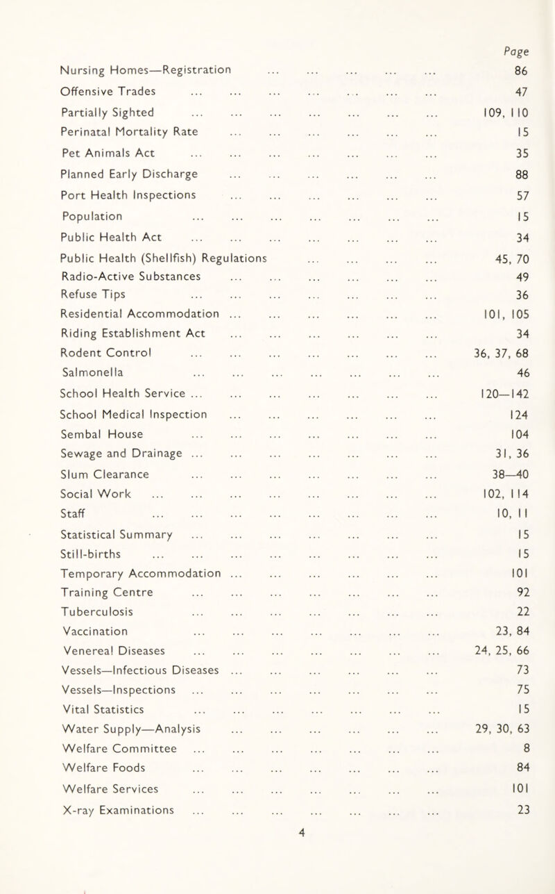 Page Nursing Homes—Registration ... ... ... ... ... 86 Offensive Trades ... ... ... ... . . ... ... 47 Partially Sighted ... ... ... ... ... ... ... 109, NO Perinatal Mortality Rate ... . . 15 Pet Animals Act ... ... ... ... ... ... ... 35 Planned Early Discharge ... . 88 Port Health Inspections ... ... ... ... ... ... 57 Population ... ... ... ... ... ... ... I5 Public Health Act ... ... ... ... ... ... ... 34 Public Health (Shellfish) Regulations ... ... ... ... 45, 70 Radio-Active Substances ... ... ... ... ... ... 49 Refuse Tips ... ... ... ... ... ... ... 36 Residential Accommodation ... ... ... ... ... ... |0I, 105 Riding Establishment Act ... ... ... ... ... ... 34 Rodent Control . . 36, 37, 68 Salmonella ... ... ... ... ... ... ... 46 School Health Service ... ... ... ... ... ... ... 120—142 School Medical Inspection ... ... ... ... ... ... 124 Sembal House ... ... ... ... ... ... ... 104 Sewage and Drainage ... ... ... ... ... ... ... 31,36 Slum Clearance . . 38—40 Social Work ... ... ... ... ... ... ... ... 102, 114 Staff . 10, I I Statistical Summary ... ... ... ... ... ... ... 15 Still-births ... ... ... ... ... ... ... ... 15 Temporary Accommodation ... ... ... ... ... ... 101 Training Centre ... ... ... ... ... ... ... 92 Tuberculosis ... ... ... ... ... ... ... 22 Vaccination ... ... ... ... ... ... ... 23, 84 Venerea! Diseases ... ... ... ... ... ... ... 24, 25, 66 Vessels—Infectious Diseases ... ... ... ... ... ... 73 Vessels—Inspections ... ... ... ... ... ... ... 75 Vital Statistics ... ... ... ... ... ... ... 15 Water Supply—Analysis ... ... ... ... ... ... 29, 30, 63 Welfare Committee ... ... ... ... ... ... ... 8 Welfare Foods ... ... ... ... ... ... ... 84 Welfare Services ... ... ... ... ... ... ... 101 X-ray Examinations ... ... ... ... ... ... ... 23 4 L