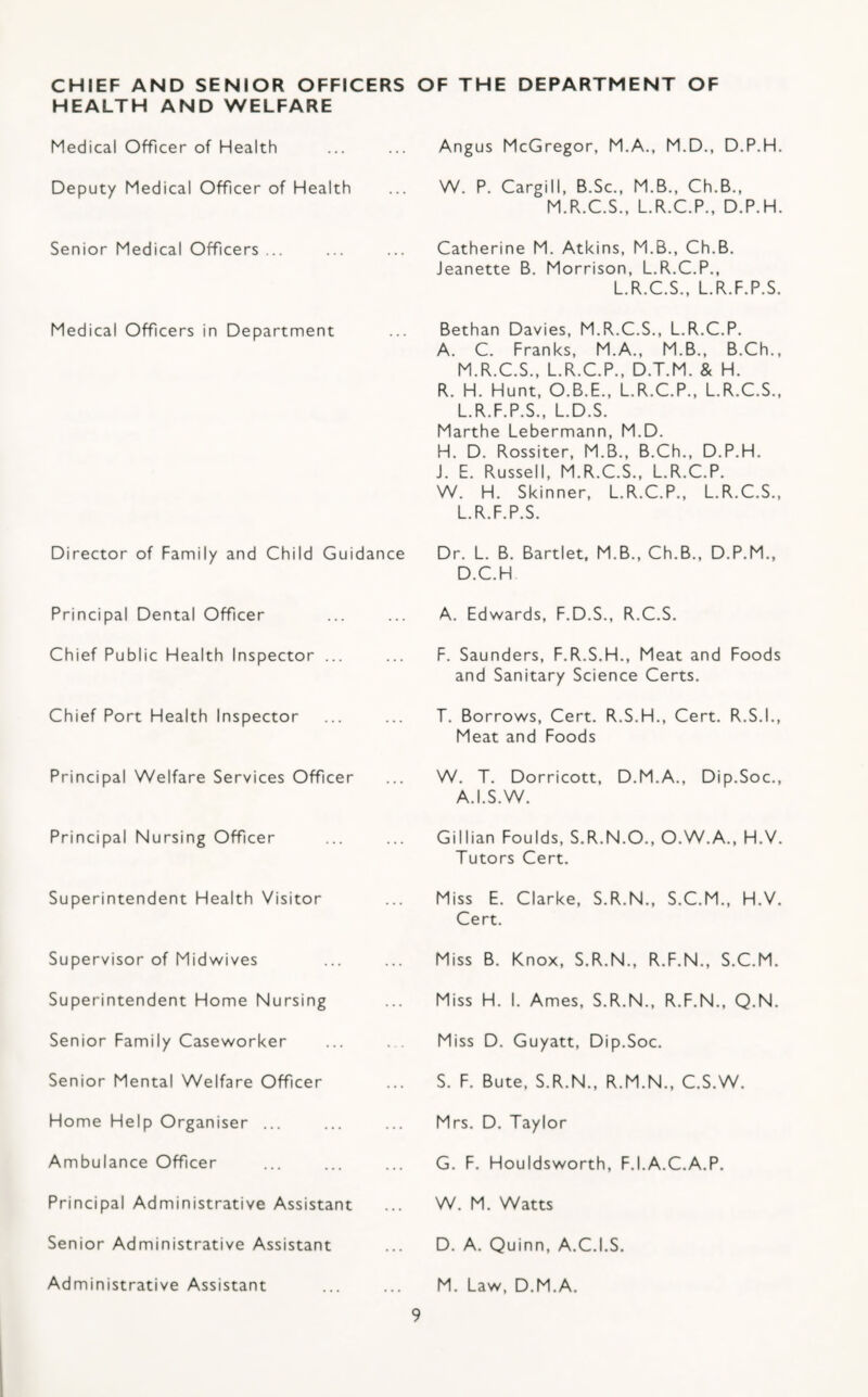 CHIEF AND SENIOR OFFICERS OF THE DEPARTMENT OF HEALTH AND WELFARE Medical Officer of Health Angus McGregor, M.A., M.D., D.P.H. Deputy Medical Officer of Health W. P. Cargill, B.Sc., M.B., Ch.B., M.R.C.S., L.R.C.P., D.P.H. Senior Medical Officers ... Catherine M. Atkins, M.B., Ch.B. Jeanette B. Morrison, L.R.C.P., L.R.C.S.. L.R.F.P.S. Medical Officers in Department Bethan Davies, M.R.C.S., L.R.C.P. A. C. Franks, M.A., M.B., B.Ch., M.R.C.S., L.R.C.P., D.T.M. & H. R. H. Hunt, O.B.E., L.R.C.P., L.R.C.S., L.R.F.P.S., L.D.S. Marthe Lebermann, M.D. H. D. Rossiter, M.B., B.Ch., D.P.H. J. E. Russell, M.R.C.S., L.R.C.P. W. H. Skinner, L.R.C.P., L.R.C.S., L.R.F.P.S. Director of Family and Child Guidance Dr. L. B. Bartlet, M.B., Ch.B., D.P.M., D.C.H Principal Dental Officer A. Edwards, F.D.S., R.C.S. Chief Public Health Inspector ... F. Saunders, F.R.S.H., Meat and Foods and Sanitary Science Certs. Chief Port Health Inspector T. Borrows, Cert. R.S.H., Cert. R.S.I., Meat and Foods Principal Welfare Services Officer W. T. Dorricott, D.M.A., Dip.Soc., A.I.S.W. Principal Nursing Officer Gillian Foulds, S.R.N.O., O.W.A., H.V. Tutors Cert. Superintendent Health Visitor Miss E. Clarke, S.R.N., S.C.M., H.V. Cert. Supervisor of Midwives Miss B. Knox, S.R.N., R.F.N., S.C.M. Superintendent Home Nursing Miss H. 1. Ames, S.R.N., R.F.N., Q.N. Senior Family Caseworker Miss D. Guyatt, Dip.Soc. Senior Mental Welfare Officer S. F. Bute, S.R.N., R.M.N., C.S.W. Home Help Organiser ... Mrs. D. Taylor Ambulance Officer G. F. Houldsworth, F.I.A.C.A.P. Principal Administrative Assistant W. M. Watts Senior Administrative Assistant D. A. Quinn, A.C.I.S, Administrative Assistant ... ... M. Law, D.M.A.