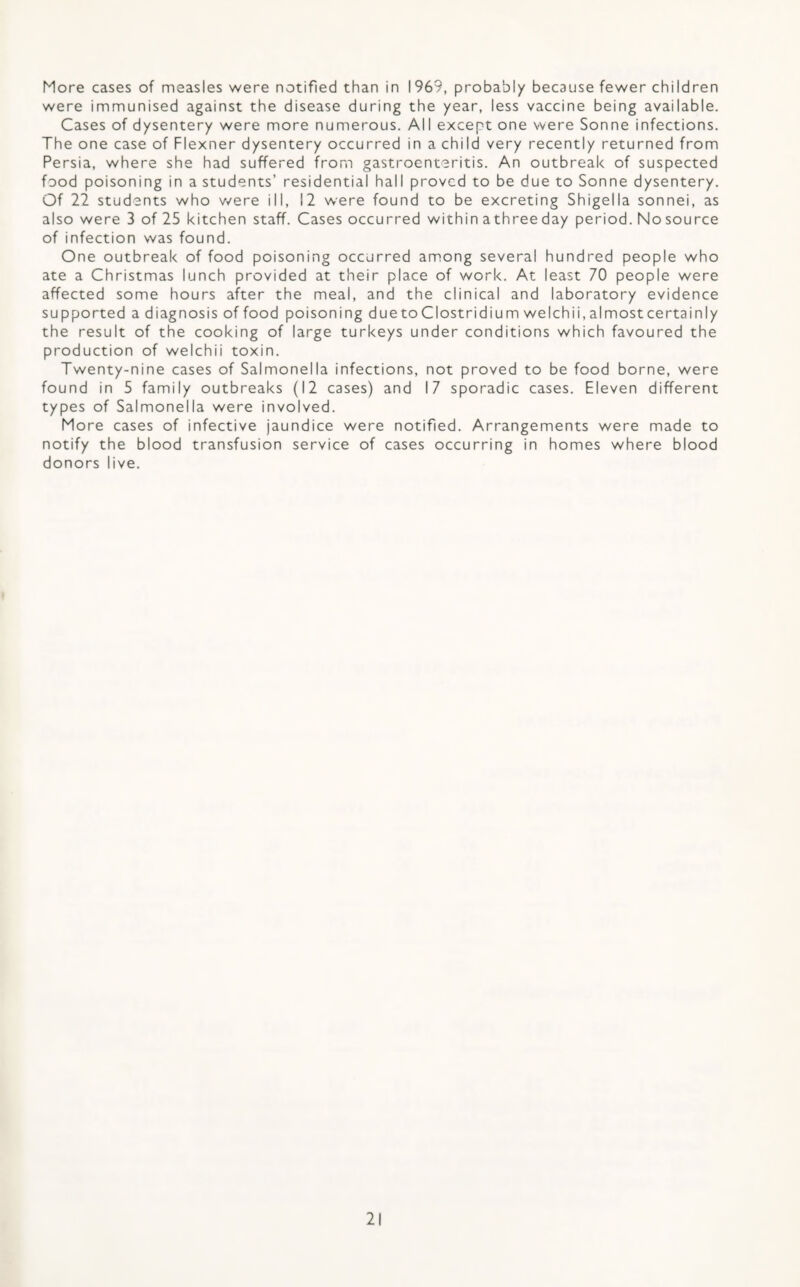 More cases of measles were notified than in 1969, probably because fewer children were immunised against the disease during the year, less vaccine being available. Cases of dysentery were more numerous. All except one were Sonne infections. The one case of Flexner dysentery occurred in a child very recently returned from Persia, where she had suffered from gastroenteritis. An outbreak of suspected food poisoning in a students’ residential hall proved to be due to Sonne dysentery. Of 22 students who were ill, 12 were found to be excreting Shigella sonnei, as also were 3 of 25 kitchen staff. Cases occurred within a three day period. No source of infection was found. One outbreak of food poisoning occurred among several hundred people who ate a Christmas lunch provided at their place of work. At least 70 people were affected some hours after the meal, and the clinical and laboratory evidence supported a diagnosis of food poisoning due to Clostridium we Ichii, almost certainly the result of the cooking of large turkeys under conditions which favoured the production of welchii toxin. Twenty-nine cases of Salmonella infections, not proved to be food borne, were found in 5 family outbreaks (12 cases) and 17 sporadic cases. Eleven different types of Salmonella were involved. More cases of infective jaundice were notified. Arrangements were made to notify the blood transfusion service of cases occurring in homes where blood donors live.