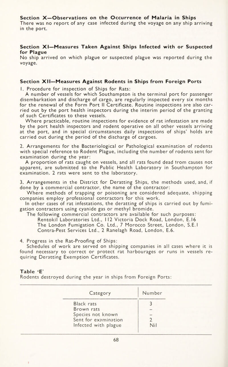 Section X—Observations on the Occurrence of Malaria in Ships There was no report of any case infected during the voyage on any ship arriving in the port. Section XI—Measures Taken Against Ships Infected with or Suspected for Plague No ship arrived on which plague or suspected plague was reported during the voyage. Section XII—Measures Against Rodents in Ships from Foreign Ports 1. Procedure for inspection of Ships for Rats: A number of vessels for which Southampton is the terminal port for passenger disembarkation and discharge of cargo, are regularly inspected every six months for the renewal of the Form Port II Certificate. Routine inspections are also car¬ ried out by the port health inspectors during the interim period of the granting of such Certificates to these vessels. Where practicable, routine inspections for evidence of rat infestation are made by the port health inspectors and rodent operative on all other vessels arriving at the port, and in special circumstances daily inspections of ships’ holds are carried out during the period of the discharge of cargoes. 2. Arrangements for the Bacteriological or Pathological examination of rodents with special reference to Rodent Plague, including the number of rodents sent for examination during the year: A proportion of rats caught on vessels, and all rats found dead from causes not apparent, are submitted to the Public Health Laboratory in Southampton for examination. 2 rats were sent to the laboratory. 3. Arrangements in the District for Deratting Ships, the methods used, and, if done by a commercial contractor, the name of the contractor: Where methods of trapping or poisoning are considered adequate, shipping companies employ professional contractors for this work. In other cases of rat infestations, the deratting of ships is carried out by fumi¬ gation contractors using cyanide gas or methyl bromide. The following commercial contractors are available for such purposes: Rentokil Laboratories Ltd., 112 Victoria Dock Road, London, E.I6 The London Fumigation Co. Ltd., 7 Morocco Street, London, S.E.I Contra-Pest Services Ltd., 2 Ranelagh Road, London, E.6. 4. Progress in the Rat-Proofing of Ships: Schedules of work are served on shipping companies in all cases where it is found necessary to correct or protect rat harbourages or runs in vessels re¬ quiring Deratting Exemption Certificates. Table ‘E’ Rodents destroyed during the year in ships from Foreign Ports: Category Number Black rats 3 Brown rats - Species not known — Sent for examination 2 Infected with plague Nil 68