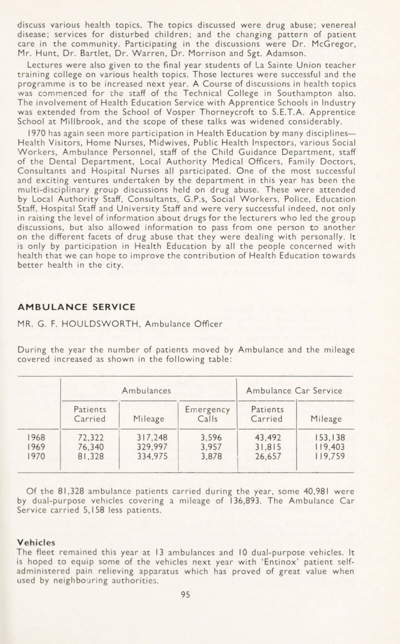 discuss various health topics. The topics discussed were drug abuse; venereal disease; services for disturbed children; and the changing pattern of patient care in the community. Participating in the discussions were Dr. McGregor, Mr. Hunt, Dr. Bartlet, Dr. Warren, Dr. Morrison and Sgt. Adamson. Lectures were also given to the final year students of La Sainte Union teacher training college on various health topics. Those lectures were successful and the programme is to be increased next year. A Course of discussions in health topics was commenced for the staff of the Technical College in Southampton also. The involvement of Health Education Service with Apprentice Schools in Industry was extended from the School of Vosper Thorneycroft to S.E.T.A. Apprentice School at Millbrook, and the scope of these talks was widened considerably. 1970 has again seen more participation in Health Education by many disciplines— Health Visitors, Home Nurses, Midwives, Public Health Inspectors, various Social Workers, Ambulance Personnel, staff of the Child Guidance Department, staff of the Dental Department, Local Authority Medical Officers, Family Doctors, Consultants and Hospital Nurses all participated. One of the most successful and exciting ventures undertaken by the department in this year has been the multi-disciplinary group discussions held on drug abuse. These were attended by Local Authority Staff, Consultants, G.P.s, Social Workers, Police, Education Staff, Hospital Staff and University Staff and were very successful indeed, not only in raising the level of information about drugs for the lecturers who led the group discussions, but also allowed information to pass from one person to another on the different facets of drug abuse that they were dealing with personally. It is only by participation in Health Education by all the people concerned with health that we can hope to improve the contribution of Health Education towards better health in the city. AMBULANCE SERVICE MR. G. F. HOULDSWORTH, Ambulance Officer During the year the number of patients moved by Ambulance and the mileage covered increased as shown in the following table: Ambulances Ambulance Car Service Patients Emergency Patients Carried Mileage Calls Carried Mi leage 1968 72,322 317,248 3,596 43,492 153,138 1969 76,340 329,997 3,957 31,815 1 19,403 1970 81,328 334,975 3,878 26,657 1 19,759 Of the 81,328 ambulance patients carried during the year, some 40,981 were by dual-purpose vehicles covering a mileage of 136,893. The Ambulance Car Service carried 5,158 less patients. Vehicles The fleet remained this year at 13 ambulances and 10 dual-purpose vehicles. It is hoped to equip some of the vehicles next year with ‘Entinox’ patient self- administered pain relieving apparatus which has proved of great value when used by neighbouring authorities.