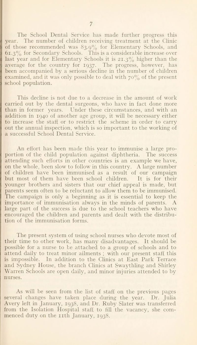 The School Dental Service has made further i)rogress this year. The number of children receiving treatment at the Clinic :< of those recommended was 83.9% for Elementary Schools, and I bi.3% for Secondary Schools. Tins is a considerable increase over G last year and for Elementary Schools it is 21.3% higher than the . average for the country for 1937. The progress, however, has ■( been accompanied by a serious decline in the number of children “ examined, and it was only possible to deal with 70% of the present i school population. This decline is not due to a decrease in the amount of work carried out by the dental surgeons, who have in fact done more 1 than in former years. Under these circumstances, and with an 'i addition in 1940 of another age group, it will be necessary either I to increase the staff or to restrict the scheme in order to carry ■( out the annual inspection, which is so important to the working of j a successful School Dental Service. An effort has been made this year to immunise a large pro- I portion of the child population against diphtheria. The success j attending such efforts in other countries is an example we have, ( on the whole, been slow to follow in this country. A large number ( of children have been immunised as a result of our campaign I but most of them have been school children. It is for their ^ younger brothers and sisters that our chief appeal is made, but ( parents seem often to be reluctant to allow them to be immunised. ] The campaign is only a beginning as it is essential to keep the [ importance of immunisation always in the minds of parents. A i large part of the success is due to the school teachers who have I encouraged the children and parents and dealt with the distribu- S tion of the immunisation forms. The present system of using school nurses who devote most of , their time to other work, has many disadvantages. It should be : possible for a nurse to be attached to a group of schools and to I attend daily to treat minor ailments ; with our present staff this : is impossible. In addition to the Clinics at East Park Terrace i and Sydney House, the branch Clinics at Swaythling and Shirley J W arren Schools are open daily, and minor injuries attended to by [ nurses. As will be seen from the list of stall on the previous pages I several changes ha\’'e taken place during the year. Dr. Julia ' Avery left in January, 1938, and Dr. Ruby Slater was transferred ' from the Isolation Hospital staff to fill the vacancy, she com¬ menced duty on the nth January, 1938.