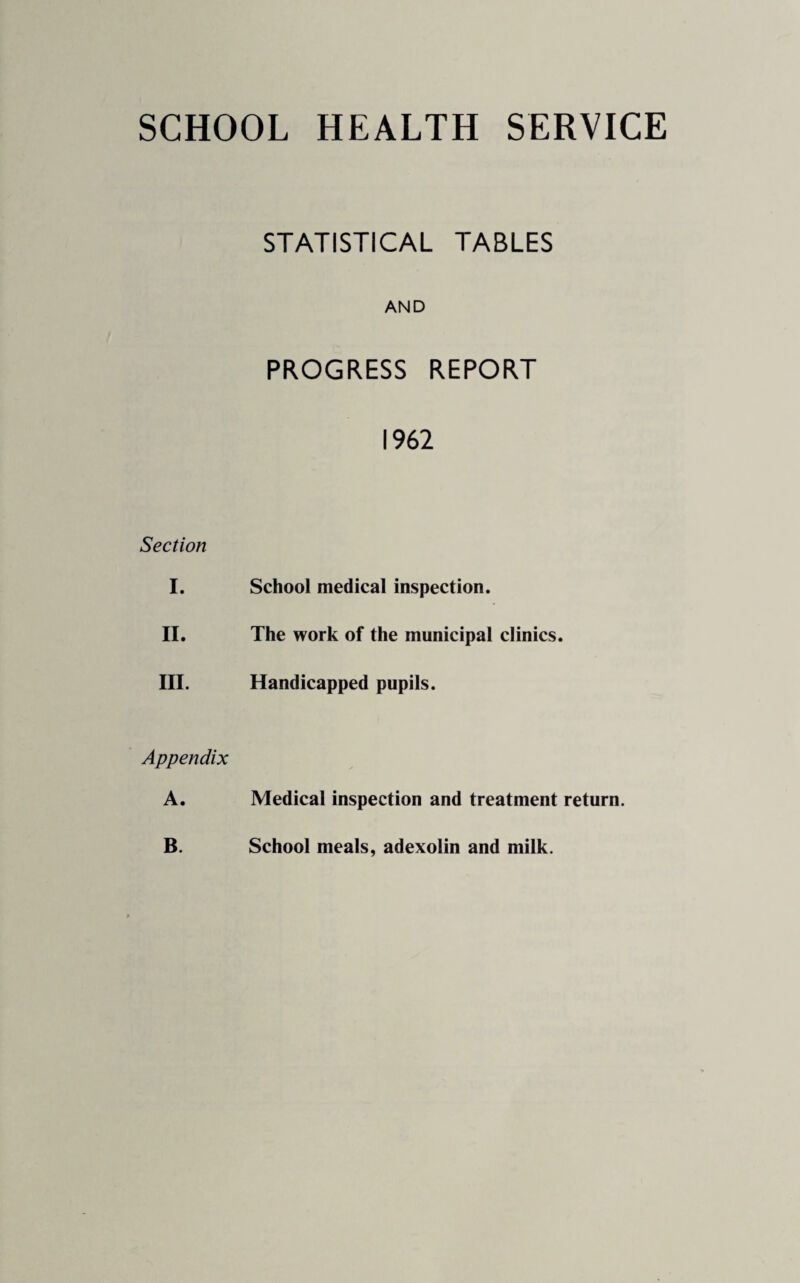 SCHOOL HEALTH SERVICE STATISTICAL TABLES AND PROGRESS REPORT 1962 Section I. School medical inspection. II. The work of the municipal clinics. III. Handicapped pupils. Appendix A. Medical inspection and treatment return. B. School meals, adexolin and milk.