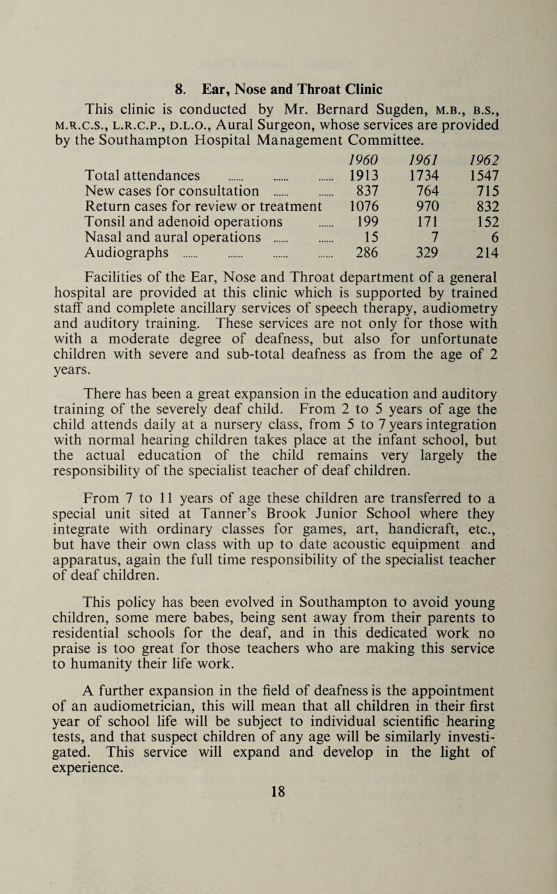 8. Ear, Nose and Throat Clinic This clinic is conducted by Mr. Bernard Sugden, m.b., b.s., M.R.C.S., L.R.C.P., D.L.O., Aural Surgeon, whose services are provided by the Southampton Hospital Management Committee. 1960 1961 1962 Total attendances . 1913 1734 1547 New cases for consultation . 837 764 715 Return cases for review or treatment 1076 970 832 Tonsil and adenoid operations . 199 171 152 Nasal and aural operations . 15 7 6 Audiographs . 286 329 214 Facilities of the Ear, Nose and Throat department of a general hospital are provided at this clinic which is supported by trained staff and complete ancillary services of speech therapy, audiometry and auditory training. These services are not only for those with with a moderate degree of deafness, but also for unfortunate children with severe and sub-total deafness as from the age of 2 years. There has been a great expansion in the education and auditory training of the severely deaf child. From 2 to 5 years of age the child attends daily at a nursery class, from 5 to 7 years integration with normal hearing children takes place at the infant school, but the actual education of the child remains very largely the responsibility of the specialist teacher of deaf children. From 7 to 11 years of age these children are transferred to a special unit sited at Tanner’s Brook Junior School where they integrate with ordinary classes for games, art, handicraft, etc., but have their own class with up to date acoustic equipment and apparatus, again the full time responsibility of the specialist teacher of deaf children. This policy has been evolved in Southampton to avoid young children, some mere babes, being sent away from their parents to residential schools for the deaf, and in this dedicated work no praise is too great for those teachers who are making this service to humanity their life work. A further expansion in the field of deafness is the appointment of an audiometrician, this will mean that all children in their first year of school life will be subject to individual scientific hearing tests, and that suspect children of any age will be similarly investi¬ gated. This service will expand and develop in the light of experience.