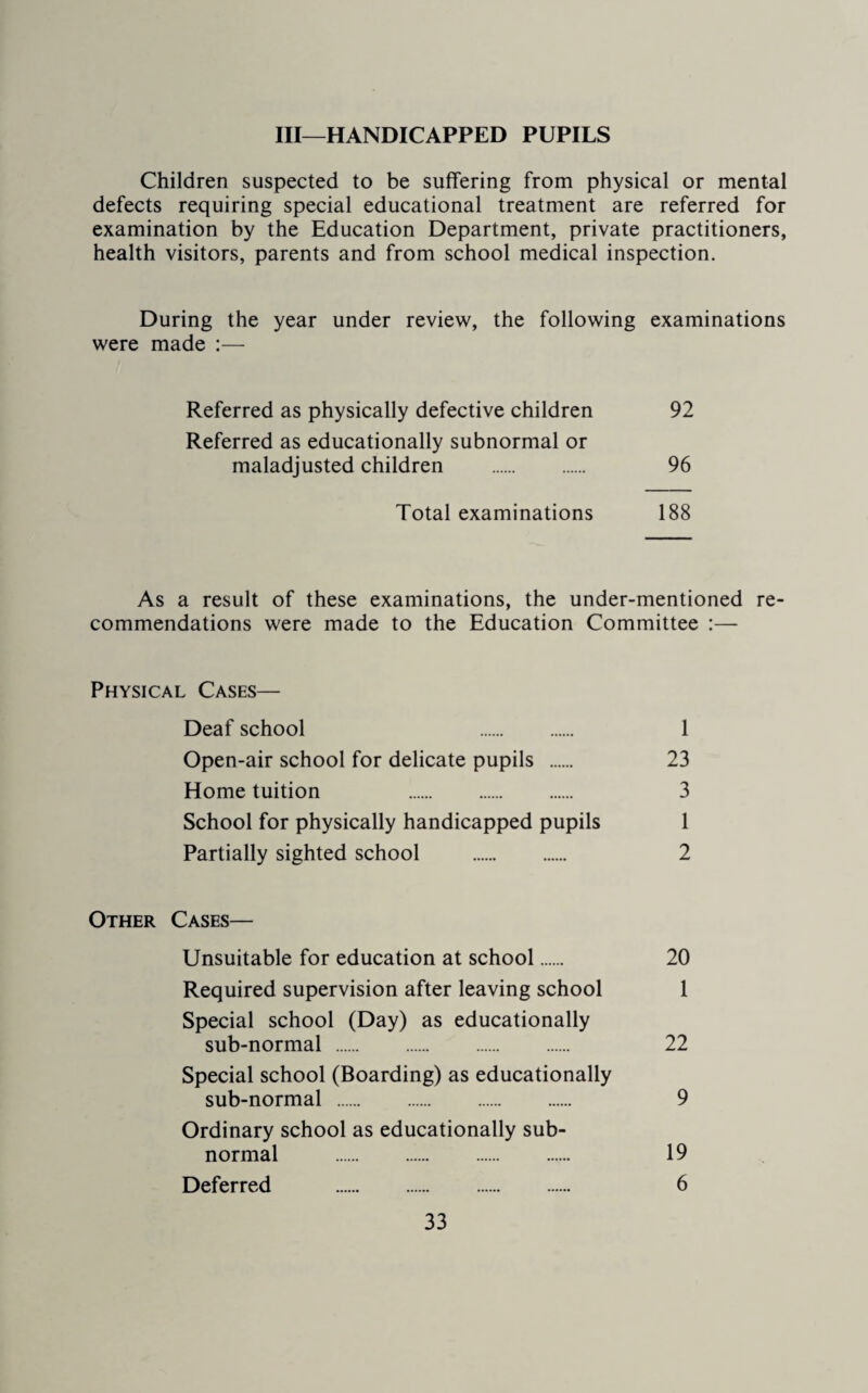 Ill—HANDICAPPED PUPILS Children suspected to be suffering from physical or mental defects requiring special educational treatment are referred for examination by the Education Department, private practitioners, health visitors, parents and from school medical inspection. During the year under review, the following examinations were made :— Referred as physically defective children 92 Referred as educationally subnormal or maladjusted children . 96 Total examinations 188 As a result of these examinations, the under-mentioned re¬ commendations were made to the Education Committee :— Physical Cases— Deaf school 1 Open-air school for delicate pupils . 23 Home tuition 3 School for physically handicapped pupils 1 Partially sighted school . 2 Other Cases— Unsuitable for education at school. 20 Required supervision after leaving school 1 Special school (Day) as educationally sub-normal . 22 Special school (Boarding) as educationally sub-normal . 9 Ordinary school as educationally sub¬ normal . 19 Deferred . 6