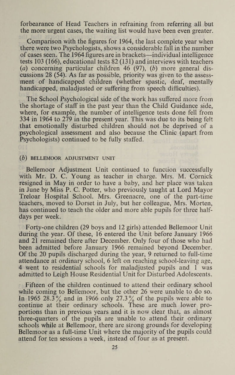 forbearance of Head Teachers in refraining from referring all but the more urgent cases, the waiting list would have been even greater. Comparison with the figures for 1964, the last complete year when there were two Psychologists, shows a considerable fall in the number of cases seen. The 1964 figures are in brackets—individual intelligence tests 103 (166), educational tests 82 (131) and interviews with teachers (n) concerning particular children 46 (97), (b) more general dis¬ cussions 28 (54). As far as possible, priority was given to the assess¬ ment of handicapped children (whether spastic, deaf, mentally handicapped, maladjusted or suffering from speech difficulties). The School Psychological side of the work has suffered more from the shortage of staff in the past year than the Child Guidance side, where, for example, the number of intelligence tests done fell from 334 in 1964 to 279 in the present year. This was due to its being felt that emotionally disturbed children should not be deprived of a psychological assessment and also because the Clinic (apart from Psychologists) continued to be fully staffed. {b) BELLEMOOR ADJUSTMENT UNIT Bellemoor Adjustment Unit continued to function successfully with Mr. D. C. Young as teacher in charge. Mrs. M. Cornick resigned in May in order to have a baby, and her place was taken in June by Miss P. C. Potter, who previously taught at Lord Mayor Treloar Hospital School. Mrs. Greenacre, one of the part-time teachers, moved to Dorset in July, but her colleague, Mrs. Morten, has continued to teach the older and more able pupils for three half¬ days per week. Forty-one children (29 boys and 12 girls) attended Bellemoor Unit during the year. Of these, 16 entered the Unit before January 1966 and 21 remained there after December. Only four of those who had been admitted before January 1966 remained beyond December. Of the 20 pupils discharged during the year, 9 returned to full-time attendance at ordinary school, 6 left on reaching school-leaving age, 4 went to residential schools for maladjusted pupils and 1 was admitted to Leigh House Residential Unit for Disturbed Adolescents. Fifteen of the children continued to attend their ordinary school while coming to Bellemoor, but the other 26 were unable to do so. In 1965 28.3% and in 1966 only 27.3% of the pupils were able to continue at their ordinary schools. These are much lower pro¬ portions than in previous years and it is now clear that, as almost three-quarters of the pupils are unable to attend their ordinary schools while at Bellemoor, there are strong grounds for developing Bellemoor as a full-time Unit where the majority of the pupils could attend for ten sessions a week, instead of four as at present.