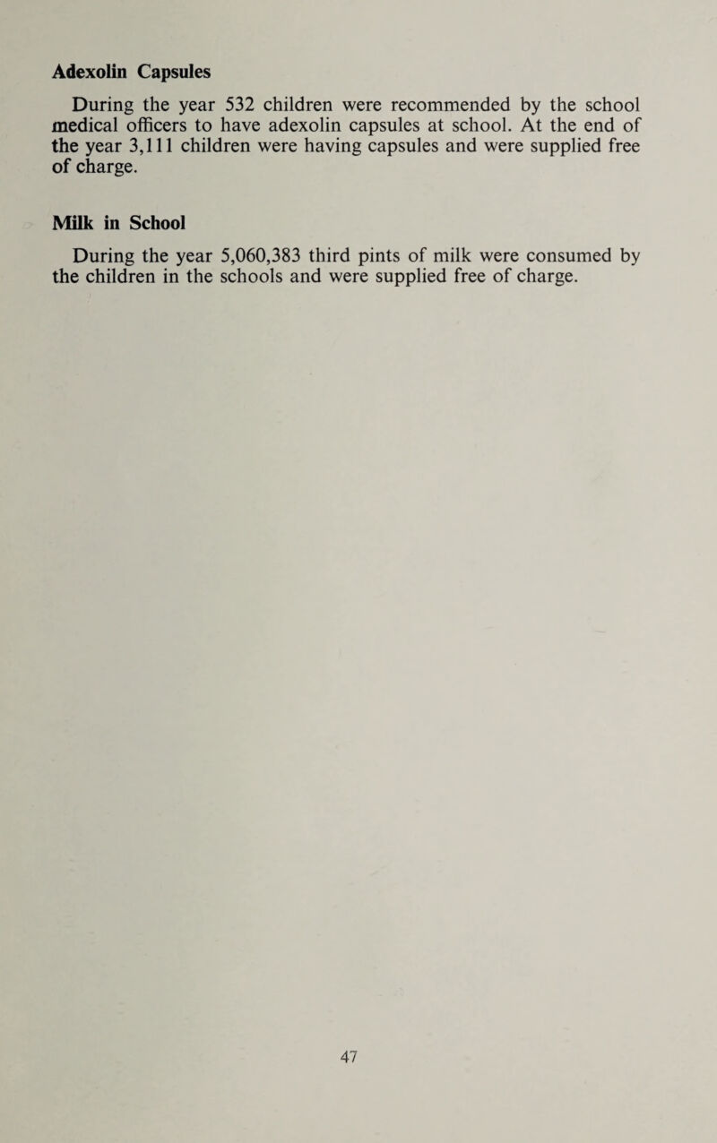 Adexolin Capsules During the year 532 children were recommended by the school medical officers to have adexolin capsules at school. At the end of the year 3,111 children were having capsules and were supplied free of charge. Milk in School During the year 5,060,383 third pints of milk were consumed by the children in the schools and were supplied free of charge.
