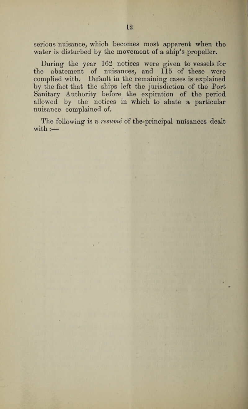 serious nuisance, which becomes most apparent when the water is disturbed by the movement of a ship’s propeller. During the year 162 notices were given to vessels for the abatement of nuisances, and 115 of these were complied with. Default in the remaining cases is explained by the fact that the ships left the jurisdiction of the Port Sanitary Authority before the expiration of the period allowed by the notices in which to abate a particular nuisance complained of. The following is a resume of the principal nuisances dealt with :—