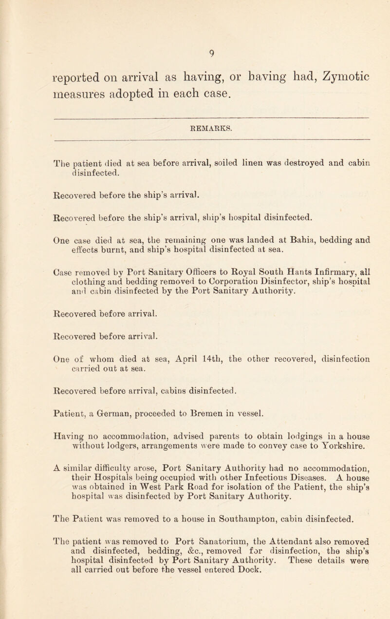 reported on arrival as having, or having had, Zymotic measures adopted in each case. EEMARKS. The patient died at sea before arrival, soiled linen was destroyed and cabin disinfected. Recovered before the ship’s arrival. Recovered before the ship’s arrival, ship’s hospital disinfected. One case died at sea, the remaining one was landed at Bahia, bedding and effects burnt, and ship’s hospital disinfected at sea. Case removed by Port Sanitary Officers to Royal South Hants Infirmary, all clothing and bedding removed to Corporation Disinfector, ship’s hospital and cabin disinfected by the Port Sanitary Authority. Recovered before arrival. Recovered before arrival. One of whom died at sea, April 14th, the other recovered, disinfection carried out at sea. Recovered before arrival, cabins disinfected. Patient, a German, proceeded to Bremen in vessel. Having no accommodation, advised parents to obtain lodgings in a house without lodgers, arrangements were made to convey case to Yorkshire, A similar difficulty arose. Port Sanitary Authority had no accommodation, their Hospitals being occupied with other Infectious Diseases. A house was obtained in West Park Road for isolation of the Patient, the ship’s hospital was disinfected by Port Sanitary Authority. The Patient was removed to a house in Southampton, cabin disinfected. The patient was removed to Port Sanatorium, the Attendant also removed and disinfected, bedding, &c., removed for disinfection, the ship’s hospital disinfected by Port Sanitary Authority. These details were all carried out before the vessel entered Dock.