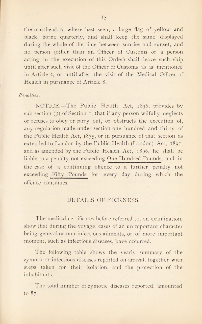 the masthead, or where best seen, a large flag of yellow and black, borne quarterly, and shall keep the same displayed during the whole of the time between sunrise and sunset, and no person (other than an Officer of Customs or a person acting in the execution of this Order) shall leave such ship until after such visit of the Officer of Customs as is mentioned in Article 2, or until after the visit of the Medical Officer of Health in pursuance of Article 8. Penalties. NOTICE.—The Public Health Act, 1896, provides by sub-section (3) of Section 1, that if any person wilfully neglects or refuses to obey or carry out, or obstructs the execution of, any regulation made under section one hundred and thirty of the Public Health Act, 1875, or in pursuance of that section as extended to London by the Public Health (London) Act, 1891, and as amended by the Public Health Act, 1896, he shall be liable to a penalty not exceeding One Hundred Pounds, and in the case of a continuing offence to a further penalty not exceeding Fifty Pounds for every day during which the offence continues. DETAILS OF SICKNESS. The medical certificates before referred to, on examination, show that during the voyage, cases of an unimportant character being general or non-infectious ailments, or of more important moment, such as infectious diseases, have occurred. The following table shows the yearly summary of the zymotic or infectious diseases reported on arrival, together with steps taken for their isolation, and the protection of the inhabitants. The total number of zymotic diseases reported, amounted to 87.