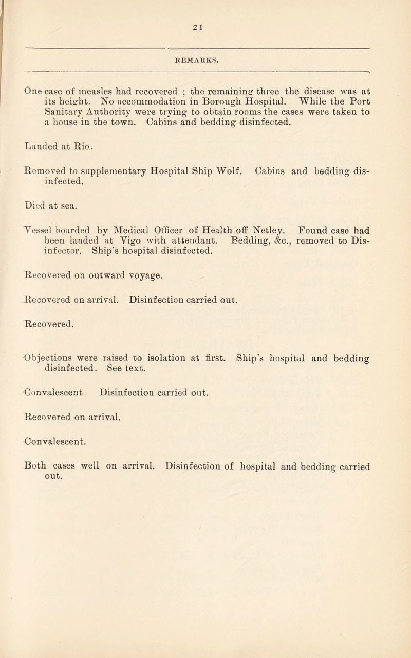 REMARKS. One case of measles had recovered ; the remaining three the disease was at its height. No accommodation in Borough Hospital. While the Port Sanitary Authority were trying to obtain rooms the cases were taken to a house in the town. Cabins and bedding disinfected. Landed at Rio. Removed to supplementary Hospital Ship Wolf. Cabins and bedding dis¬ infected. Died at sea. Vessel boarded by Medical Officer of Health off Netley. Found case had been landed at Vigo with attendant. Bedding, &c., removed to Dis¬ infector. Ship's hospital disinfected. Recovered on outward voyage. Recovered on arrival. Disinfection carried out. Recovered. Objections were raised to isolation at first. Ship’s hospital and bedding disinfected. See text. Convalescent Disinfection carried out. Recovered on arrival. Convalescent. Both cases well on arrival. Disinfection of hospital and bedding carried out.