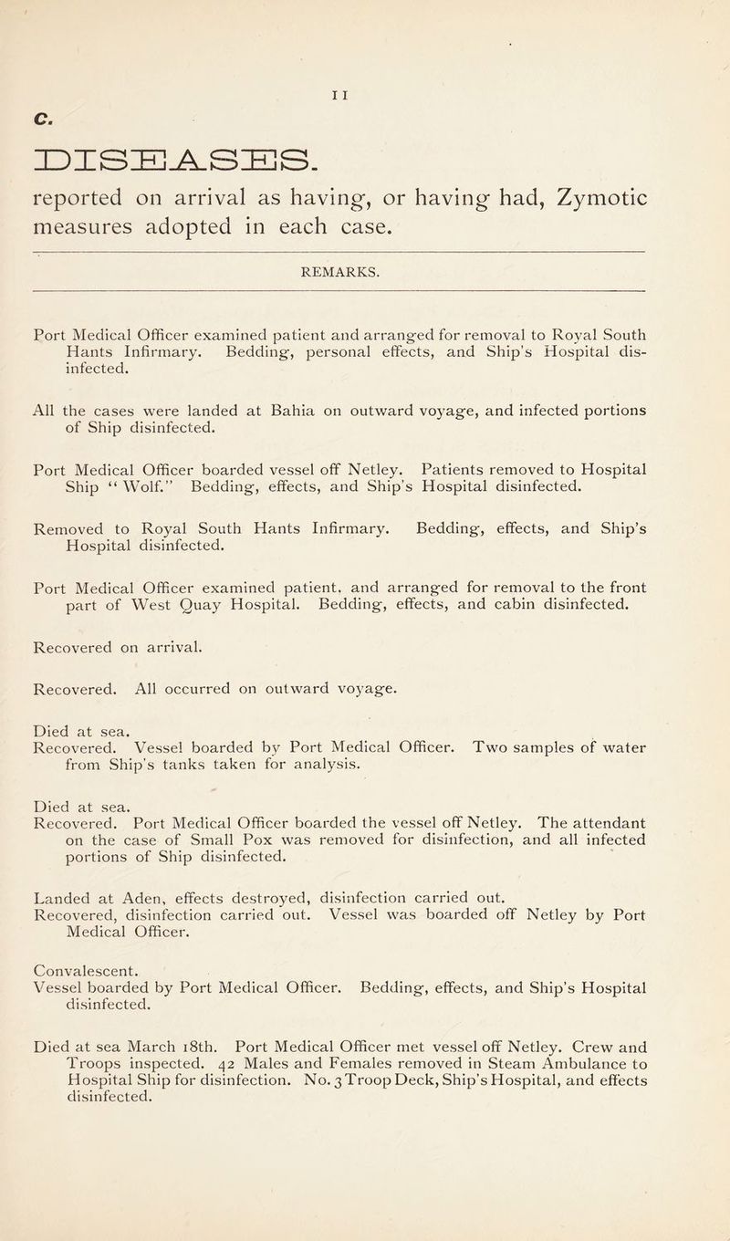 HDISIE^SES. reported on arrival as having, or having had, Zymotic measures adopted in each case. REMARKS. Port Medical Officer examined patient and arranged for removal to Royal South Hants Infirmary. Bedding, personal effects, and Ship’s Hospital dis¬ infected. All the cases were landed at Bahia on outward voyage, and infected portions of Ship disinfected. Port Medical Officer boarded vessel off Netley. Patients removed to Hospital Ship “ Wolf.” Bedding, effects, and Ship’s Hospital disinfected. Removed to Royal South Hants Infirmary. Bedding, effects, and Ship’s Hospital disinfected. Port Medical Officer examined patient, and arranged for removal to the front part of West Quay Hospital. Bedding, effects, and cabin disinfected. Recovered on arrival. Recovered. All occurred on outward voyage. Died at sea. Recovered. Vessel boarded by Port Medical Officer. Two samples of water from Ship’s tanks taken for analysis. Died at sea. Recovered. Port Medical Officer boarded the vessel off Netley. The attendant on the case of Small Pox was removed for disinfection, and all infected portions of Ship disinfected. Landed at Aden, effects destroyed, disinfection carried out. Recovered, disinfection carried out. Vessel was boarded off Netley by Port Medical Officer. Convalescent. Vessel boarded by Port Medical Officer. Bedding, effects, and Ship’s Hospital disinfected. Died at sea March i8th. Port Medical Officer met vessel off Netley. Crew and Troops inspected. ^2 Males and Females removed in Steam Ambulance to Hospital Ship for disinfection. No. 3Troop Deck, Ship’s Hospital, and effects disinfected.