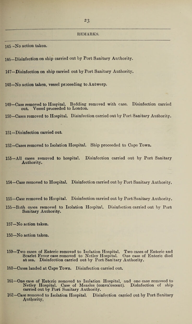 REMARKS. 145 -No action taken. 146—Disinfection on ship carried out by Port Sanitary Authority. 147—Disinfection on ship carried out by Port Sanitary Authority. 148—No action taken, vessel proceeding to Antwerp. 149— Case removed to Hospital. Bedding removed with case. Disinfection carried out. Vessel proceeded to London. 150— Cases removed to Hospital. Disinfection carried out by Port Sanitary Authority. 151— Disinfection carried out. 152— Cases removed to Isolation Hospital. Ship proceeded to Cape Town, 153— All cases removed to hospital. Disinfection carried out by Port Sanitary Authority. 154— Case removed to Hospital. Disinfection carried out by Port Sanitary Authority. 155— Case removed to Hospital. Disinfection carried out by Port Sanitary Authority. 156— Both cases removed to Isolation Hospital. Disinfection carried out by Port Sanitary Authority. 157— No action taken. 158— No action taken. 159— Two cases of Enteric removed to Isolation Hospital. Two cases of Enteric and Scarlet Fever case removed to Netley Hospital. One case of Enteric died at sea. Disinfection carried out by Port Sanitary Authority. 160— Cases landed at Cape Town. Disinfection carried out. 161— One case of Enteric removed to Isolation Hospital, and one case removed to Netley Hospital. Case of Measles (convalescent). Disinfection of ship carried out by Port Sanitary Authority. 162— Case removed to Isolation Hospital, Disinfection carried gut by Port Sanitary Authority,