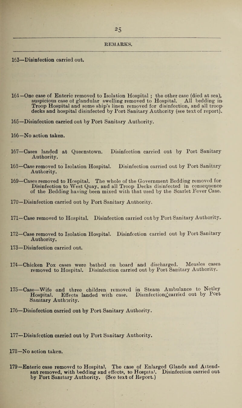 REMARKS. 163—Disinfection carried out. 161—One case of Enteric removed to Isolation Hospital ; the other case (died at sea)^ suspicious case ot glandular swelling removed to Hospital. All bedding in Troop Hospital and some ship’s linen removed for disinfection, and all troop decks and hospital disinfected by Port Sanitary Authority (see text of report).. 165— Disinfection carried out by Port Sanitary Authority. 166— No action taken. 167—Oases landed at Queenstown. Disinfection carried out by Port Sanitary Authority. 163—Case removed to Isolation Hospital. Disinfection earned out by Port Sanitary Authority. 169— Cases removed to Hospital. The whole of the Government Bedding removed for Disinfection to West Quay, and all Troop Decks disinfected in consequence of the Bedding having been mixed with that used by the Scarlet Fever Case. 170— Disinfection carried out by Port Sanitary Authority. 171—Case removed to Hospital. Disinfection carried out by Port Sanitary Authority. 172— Case removed to Isolation Hospital. Disinfection carried out by Port Sanitary Authority. 173— Disinfection carried out. 174-—Chicken Pox cases were bathed on board and discharged. Measles eases removed to Hospital. Disinfection carried out by Port Sanitary Authority. 175— Case—Wife and three children removed in Steam Ambulance to Netley Hospital. Effects landed with case. Disinfectionji'carried out by Port Sanitary Authority. 176— Disinfection carried out by Port Sanitary Authority. 177—Disinfection carried out by Port Sanitary Authority, 178—No action taken. 179—Enteric case removed to Hospital. The case of Enlarged Glands and Attend¬ ant removed, with bedding and effects, to Hospita'. Disinfection carried out- by Port Sanitary Authority. (See text of Report.)