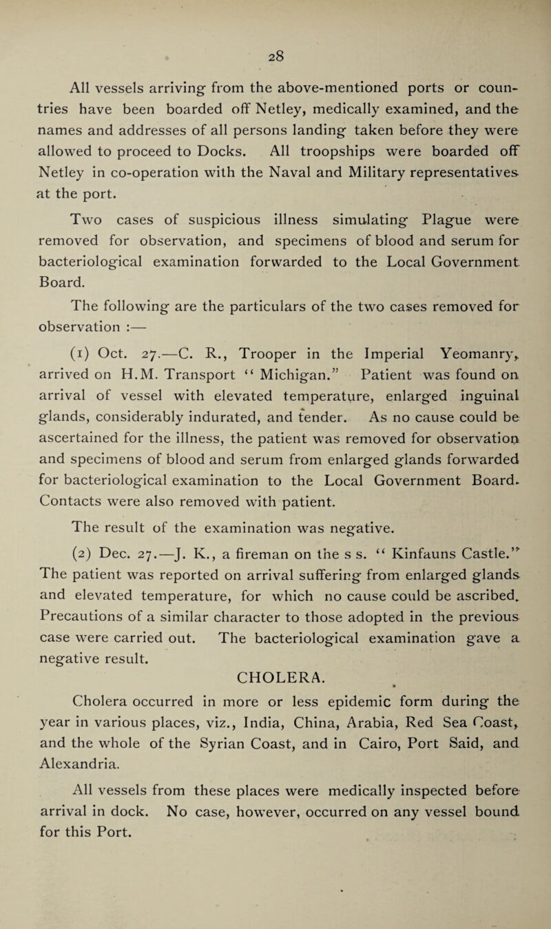 All vessels arriving from the above-mentioned ports or coun¬ tries have been boarded off Netley, medically examined, and the names and addresses of all persons landing taken before they were allowed to proceed to Docks. All troopships were boarded off Netley in co-operation with the Naval and Military representatives- at the port. Two cases of suspicious illness simulating Plague were removed for observation, and specimens of blood and serum for bacteriological examination forwarded to the Local Government Board. The following are the particulars of the two cases removed for observation :— (1) Oct. 27.—C. R., Trooper in the Imperial Yeomanry, arrived on H.M. Transport “ Michigan.” Patient was found on arrival of vessel with elevated temperature, enlarged inguinal glands, considerably indurated, and tender. As no cause could be ascertained for the illness, the patient was removed for observation and specimens of blood and serum from enlarged glands forwarded for bacteriological examination to the Local Government Board. Contacts were also removed with patient. The result of the examination was negative. (2) Dec. 27.—J. K., a fireman on the s s. “ Kinfauns Castle.’” The patient was reported on arrival suffering from enlarged glands and elevated temperature, for which no cause could be ascribed. Precautions of a similar character to those adopted in the previous case were carried out. The bacteriological examination gave a negative result. CHOLERA. Cholera occurred in more or less epidemic form during the year in various places, viz., India, China, Arabia, Red Sea Coast, and the whole of the Syrian Coast, and in Cairo, Port Said, and Alexandria. All vessels from these places were medically inspected before arrival in dock. No case, however, occurred on any vessel bound for this Port.