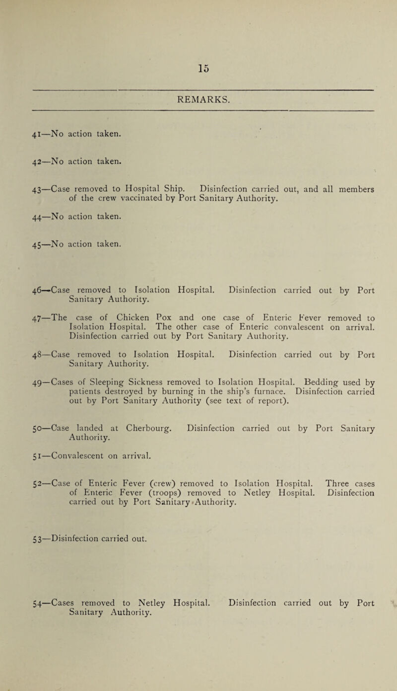 REMARKS. 41—No action taken. 42—No action taken. 43— Case removed to Hospital Ship. Disinfection carried out, and all members of the crew vaccinated by Port Sanitary Authority, 44— No action taken, 45— No action taken. 46— Case removed to Isolation Hospital. Disinfection carried out by Port Sanitary Authority. 47— The case of Chicken Pox and one case of Enteric Fever removed to Isolation Hospital. The other case of Enteric convalescent on arrival. Disinfection carried out by Port Sanitary Authority. 48— Case removed to Isolation Hospital. Disinfection carried out by Port Sanitary Authority. 49— Cases of Sleeping Sickness removed to Isolation Hospital. Bedding used by patients destroyed by burning in the ship’s furnace. Disinfection carried out by Port Sanitary Authority (see text of report). 50— Case landed at Cherbourg. Disinfection carried out by Port Sanitary Authority. 51— Convalescent on arrival. 52— Case of Enteric Fever (crew) removed to Isolation Hospital. Three cases of Enteric Fever (troops) removed to Netley Hospital. Disinfection carried out by Port Sanitary * Authority. 53—Disinfection carried out. 54—Cases removed to Netley Hospital, Sanitary Authority, Disinfection carried out by Port