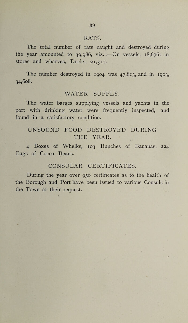 RATS. The total number of rats caught and destroyed during the year amounted to 39,986, viz.:—On vessels, 18,676; in stores and wharves, Docks, 21,310. The number destroyed in 1904 was 47,813, and in 1903, 34,608. WATER SUPPLY. The water barges supplying vessels and yachts in the port with drinking water were frequently inspected, and found in a satisfactory condition. UNSOUND FOOD DESTROYED DURING THE YEAR. 4 Boxes of Whelks, 103 Bunches of Bananas, 224 Bags of Cocoa Beans. CONSULAR CERTIFICATES. During the year over 950 certificates as to the health of the Borough and Port have been issued to various Consuls in the Town at their request.