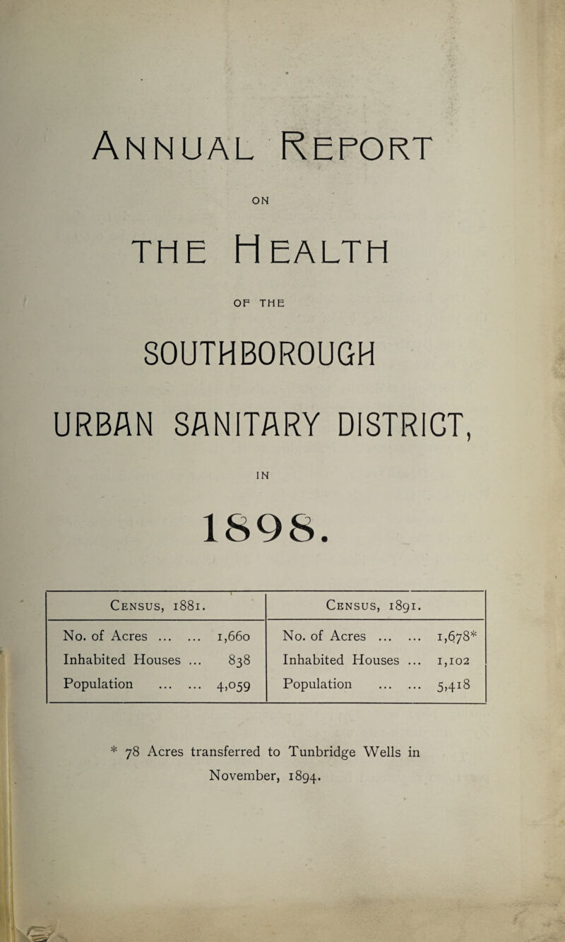 Annual Report ON the Health OF THE SOUTHBOROUGH URBAN SANITARY DISTRICT, IN 1898. Census, 1881. Census, 1891. No. of Acres . 1,660 Inhabited Houses ... 838 Population 4,059 No. of Acres . 1,678* Inhabited Houses ... 1,102 Population . 5,418 * 78 Acres transferred to Tunbridge Wells in November, 1894.