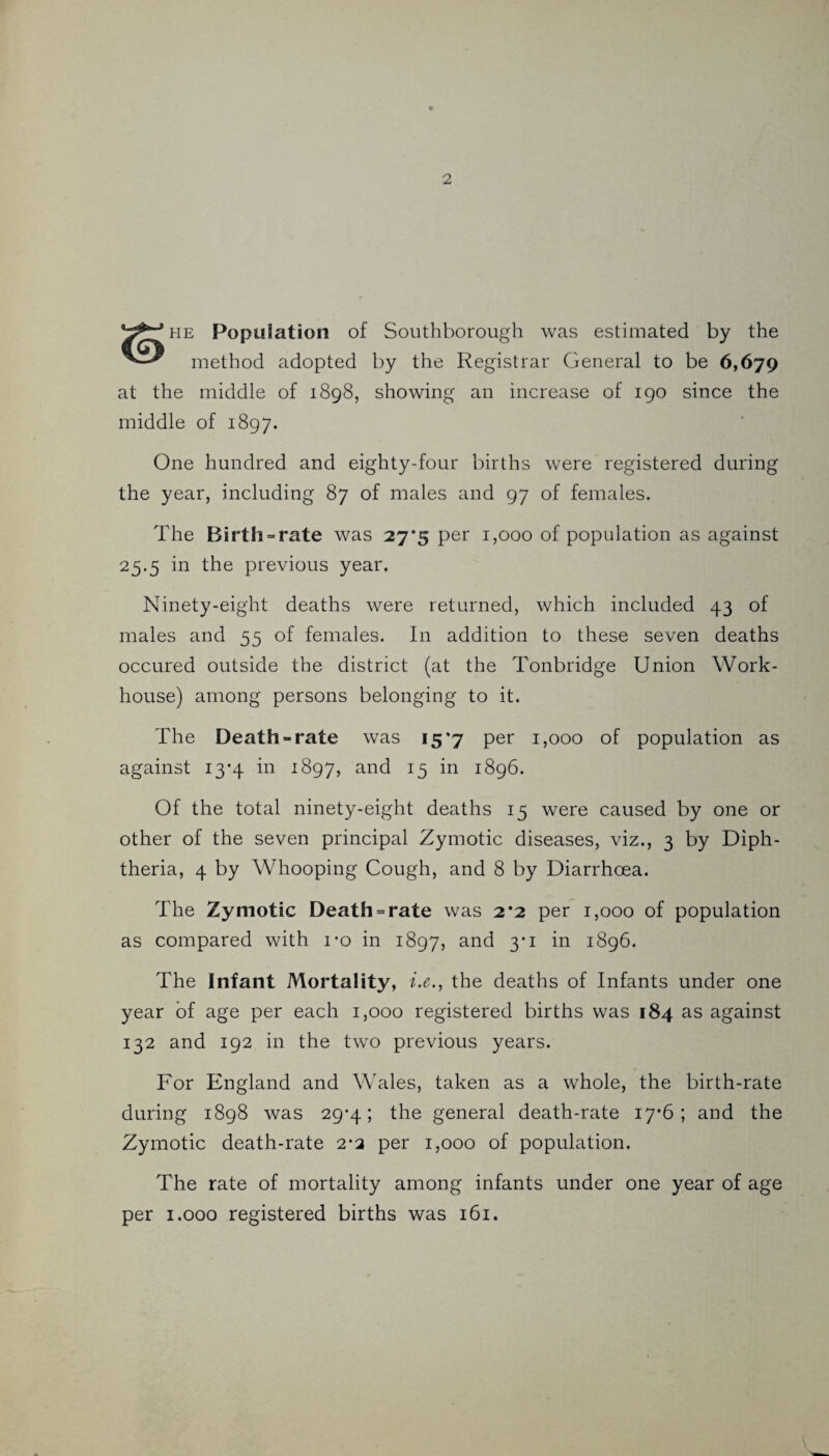 he Population of Southborough was estimated by the method adopted by the Registrar General to be 6,679 at the middle of 1898, showing an increase of 190 since the middle of 1897. One hundred and eighty-four births were registered during the year, including 87 of males and 97 of females. The Birth-rate was 27*5 per 1,000 of population as against 25.5 in the previous year. Ninety-eight deaths were returned, which included 43 of males and 55 of females. In addition to these seven deaths occured outside the district (at the Tonbridge Union Work- house) among persons belonging to it. The Death-rate was 15*7 per 1,000 of population as against 13*4 in 1897, and 15 in 1896. Of the total ninety-eight deaths 15 were caused by one or other of the seven principal Zymotic diseases, viz., 3 by Diph¬ theria, 4 by Whooping Cough, and 8 by Diarrhoea. The Zymotic Death-rate was 2*2 per 1,000 of population as compared with i*o in 1897, and 3*1 in 1896. The Infant Mortality, i.e., the deaths of Infants under one year of age per each 1,000 registered births was 184 as against 132 and 192 in the two previous years. For England and Wales, taken as a whole, the birth-rate during 1898 was 29*4; the general death-rate 17-6; and the Zymotic death-rate 2-2 per 1,000 of population. The rate of mortality among infants under one year of age per 1.000 registered births was 161.