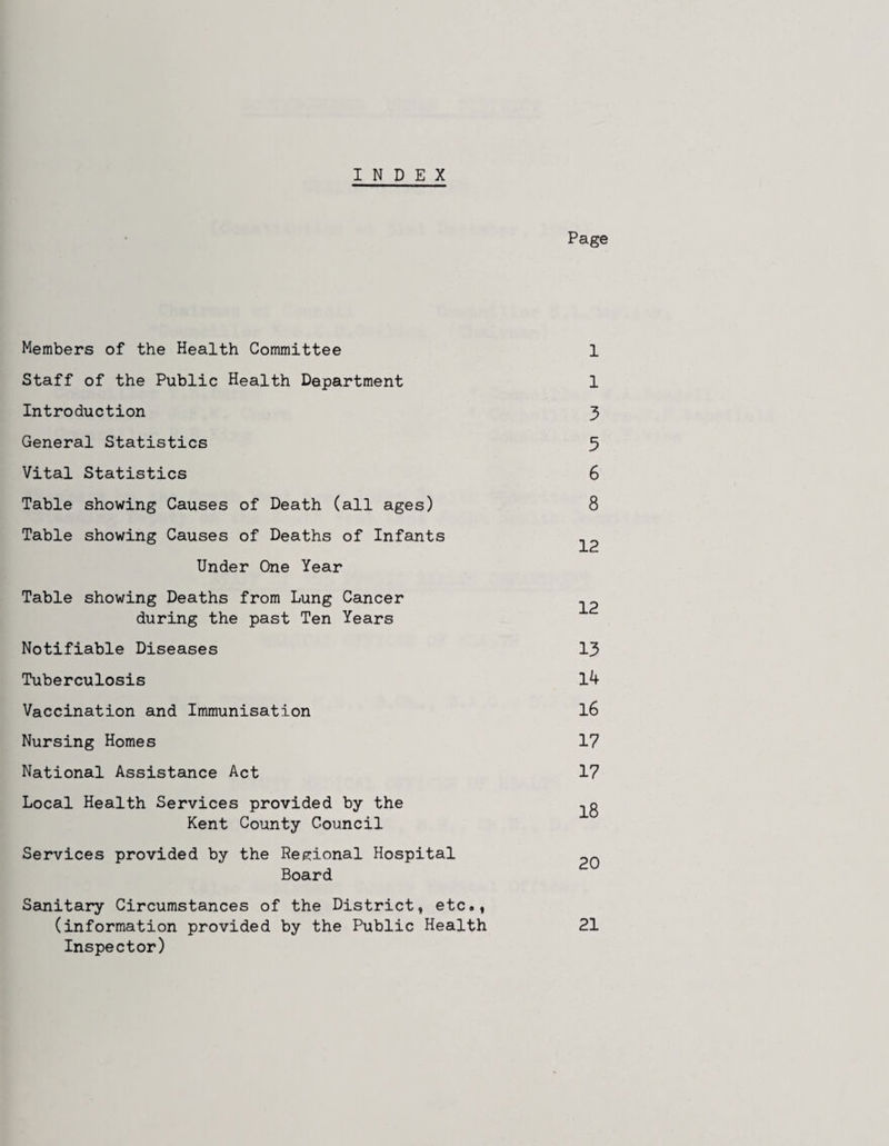 I INDEX Page Members of the Health Committee 1 Staff of the Public Health Department 1 Introduction 3 General Statistics 5 Vital Statistics 6 Table showing Causes of Death (all ages) 8 Table showing Causes of Deaths of Infants ^2 Under One Year Table showing Deaths from Lung Cancer ^2 during the past Ten Years Notifiable Diseases 13 Tuberculosis l4 Vaccination and Immunisation l6 Nursing Homes 17 National Assistance Act 17 Local Health Services provided by the Kent County Council Services provided by the Regcional Hospital __ Board Sanitary Circumstances of the District, etc., (information provided by the Public Health 21 Inspector)