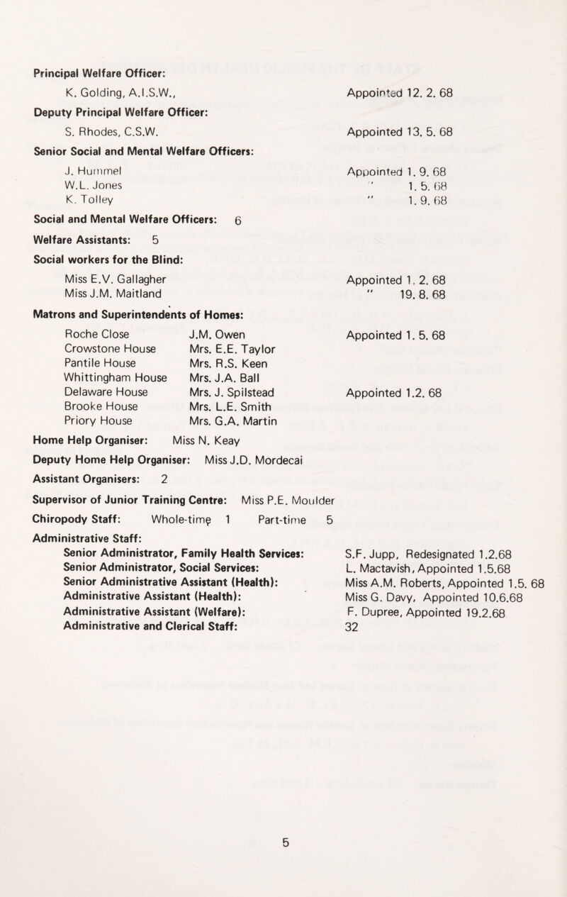 Principal Welfare Officer: K. Golding, A.I.S.W., Deputy Principal Welfare Officer: S. Rhodes, C.S.W. Senior Social and Mental Welfare Officers: J. Hummel W.L. Jones K. Tolley Social and Mental Welfare Officers: 6 Welfare Assistants: 5 Social workers for the Blind: Miss E.V. Gallagher Miss J.M. Maitland Matrons and Superintendents of Homes: Roche Close Crowstone House Pantile House Whittingham House Delaware House Brooke House Priory House Home Help Organiser: J.M. Owen Mrs. E.E. Taylor Mrs. R.S. Keen Mrs. J.A. Ball Mrs. J. Spilstead Mrs. L.E. Smith Mrs. G.A. Martin Miss N. Keay Deputy Home Help Organiser: Miss J.D. Mordecai Assistant Organisers: 2 Appointed 12. 2. 68 Appointed 13. 5. 68 Appointed 1.9. 68 l.b. 68 1.9.68 Appointed 1. 2. 68 ” 19.8.68 Appointed 1. 5. 68 Appointed 1.2. 68 Supervisor of Junior Training Centre: Miss P.E. Moulder Chiropody Staff: Whole-tim^ 1 Part-time Administrative Staff: Senior Administrator, Family Health Services: Senior Administrator, Social Services: Senior Administrative Assistant (Health): Administrative Assistant (Health): Administrative Assistant (Welfare): Administrative and Clerical Staff: 5 S.F.Jupp, Redesignated 1.2.68 L. Mactavish, Appointed 1.5.68 Miss A.M. Roberts, Appointed 1.5. 68 MissG. Davy, Appointed 10.6.68 F. Dupree, Appointed 19.2.68 32