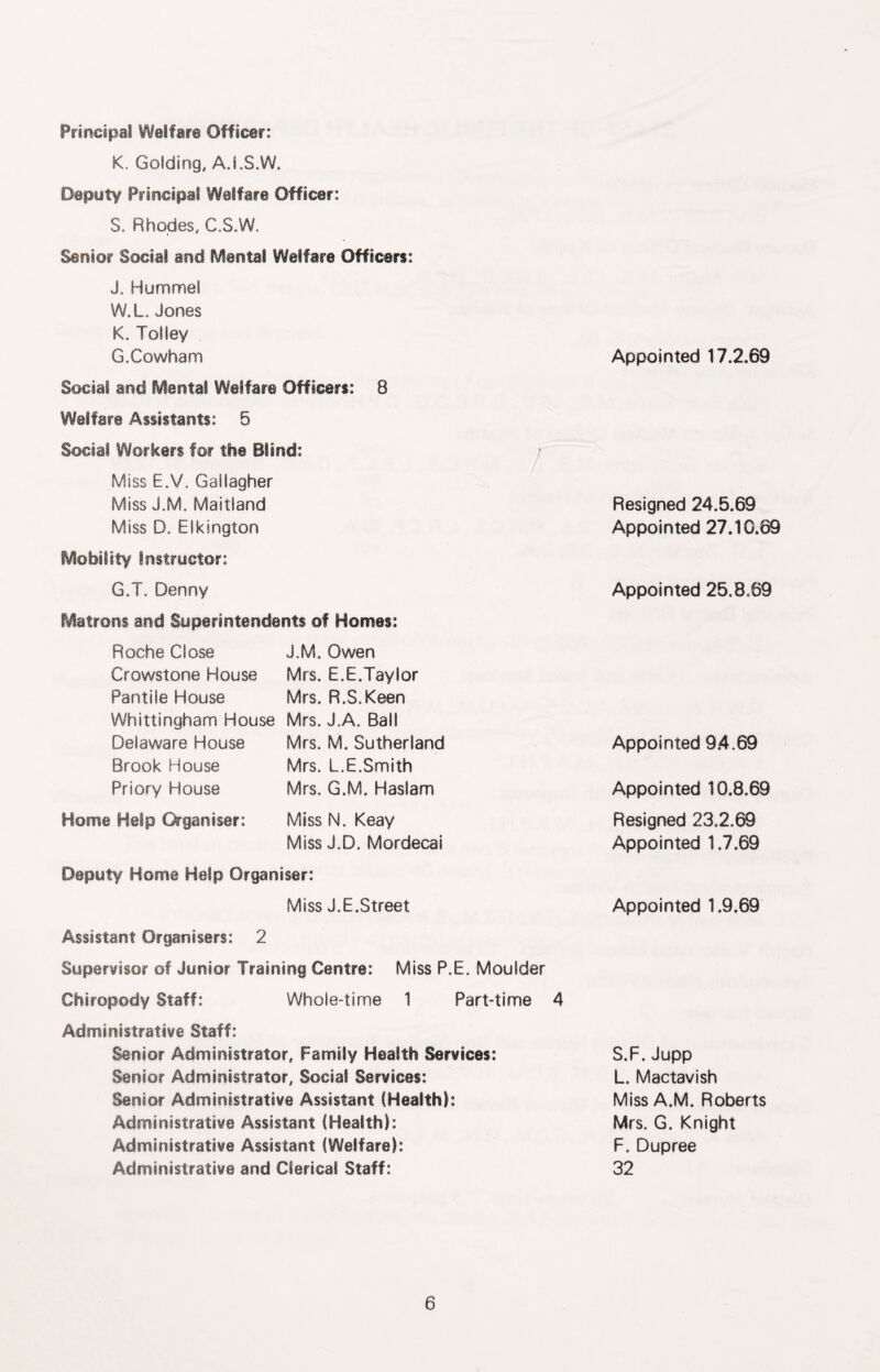 Principal Welfare Officer: K. Golding, A.I.S.W. Deputy Principal Welfare Officer: S. Rhodes, C.S.W. Senior Social and Mental Welfare Officers: J. Hummel W.L.Jones K. Tolley G.Cowham Social and Mental Welfare Officers: 8 Welfare Assistants: 5 Social Workers for the Blind: Miss E.V. Gallagher Miss J.M. Maitland Miss D. Elkington Mobility Instructor: G.T. Denny Matrons and Superintendents of Homes: Roche Close J.M, Owen Crowstone House Mrs. E.E.Taylor Pantile House Mrs. R.S.Keen Whittingham House Mrs. J.A. Ball Delaware House Mrs. M. Sutherland Brook House Mrs. L.E.Smith Priory House Mrs. G.M. Haslam Home Help Organiser: Miss N. Keay Miss J.D. Mordecai Deputy Home Help Organiser: Miss J.E.Street Assistant Organisers: 2 Supervisor of Junior Training Centre: Miss P.E, Moulder Chiropody Staff: Whole-time 1 Part-time 4 Administrative Staff: Senior Administrator, Family Health Services: Senior Administrator, Social Services: Senior Administrative Assistant (Health): Administrative Assistant (Health): Administrative Assistant (Welfare): Administrative and Clerical Staff: Appointed 17.2.69 Resigned 24.5.69 Appointed 27.1C.69 Appointed 25.8.69 Appointed 94.69 Appointed 10.8.69 Resigned 23.2.69 Appointed 1.7.69 Appointed 1.9.69 S.F. Jupp L. Mactavish Miss A.M. Roberts Mrs. G. Knight F. Dupree 32