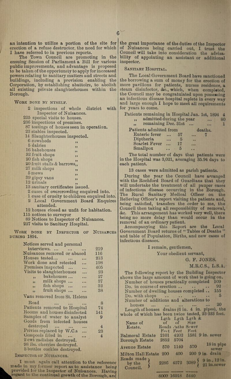 an intention to utilize a portion of the site for erection of a refuse destructor, the need for which I have referred to in previous reports. The Town Council are promoting in the ensuing Session of Parliament a Bill for various public improvements, and advantage is proposed to be taken of the opportunity to apply for increased powers relating to sanitary matters aud streets and buildings, including a provision enabling the Corporation, by establishing abattoirs, to abolish all existing private slaughterhouses within the Borough. Work done by myself. 2 inspections of whole district with Inspector of Nuisances. 225 special visits to houses. 236 inspections of premises. 87 testings of houses seen in operation. 23 stables inspected. 14 Slaughterhouses inspected. 6 cowsheds ,, 5 dairies ,, 16 bakehouses ,, 32 fruit shops ,, 20 fish shops ,, 20 fruit stalls & barrows,, 27 milk shops ,, Smews ,, 39 gipsy vans ,, 12 urinals ,, 13 sanitary certificates issued. 2 cases of overcrowding enquired into. 1 case of cruelty to children enquired into. 2 Local Government Board Enquires attended. 12 houses closed as unfit for habitation. 115 notices to surveyor 89 Notices to Inspector of Nuisances. 227 visits to Sanitary Hospital. Work done by Inspector op Nuisances DURING 1894. Notices served and personal interviews. 219 Nuisances removed or abased 116 Houses tested... . 213 Work done and retested ... 198 Premises inspected . 405 Visits to slaughterhouses ... 23 ,, bakehouses ... ... 27 ,, milk shops ... ... 37 ,, fish shops ... ... 32 ,, fruit shops. 38 Vans removed from St. Helens Boad 8 Patients removed to Hospital 74 Booms and houses disinfected 141 Samples of water to analyst 9 Goods from infected houses destroyed . 4 Privies replaced by W.G.s ... 23 Oesspools filled in . 4 2 cwt radishes destroyed. 98 lbs. cherries destroyed. 3 bottles cockles destroyed. Inspector op Nuisances. I must again call attention to the reference made in my former report as to assistance being provided for the Inspector of Nuisances. Having Regard to the continual growth of the Borough, anc the great importance of the duties of the Inspector of Nuisances being carried out, I trust the Council will take into consideration the advisa¬ bility of appointing an assistant or additional inspector. Sanitary Hospital. The Local Government Board have sanctioned the borrowing a sum of money for the erection of more pavilions for patients, nurses residence, a steam disinfector, &c., which, when completed, the Council may be congratulated upon possessing an infectious disease hospital replete in every way and large enough I hope to meet all requirements for years to come. Patients remaining in Hospital Jan. 1st, 1894 4 ,, admitted during the year ... 80 „ remaining Dec. 31st ... ... 1 Patients admitted from deaths. Enteric fever 57 Diptheria 5 Scarlet Fever ... 17 Smallpox 5 The total number of days that patients were in the Hospital was 3,021, averaging 35.94 days to each patient. 13 cases were admitted as parish patients. During the year the Council have arranged with the Bochford Board of Guardians that they will undertake the treatment of all pauper cases of infectious disease occurring in the Borough. The Bural Sanitary Medical Officer on the Believing Officer’s report visiting the patients and, being satisfied, transfers the order to me, the Council then taking all responsibility of removal, &c. This arrangement has worked very well, there being no more delay than would occur in the removal of an ordinary patient. Accompanying this Beport are the Local Government Board returns of “ Tables of Deaths ” and table of Population, Births, and new cases of infectious diseases. I remain, gentlemen. Your obedient servant, G. F. JONES. M.B.C.S., L.S.A. The following report by the Building Inspector shows the large amount of work that is going on. Number of houses practically completed 109 Do. in course of erection .. Number of dwelling houses completed .. Do. with shops Number of additions and alterations to houses ... ... ... ... ... Length of houses drains (6 in. 4 in. pipes), the whole of which has been twice tested, 23'333 feet. 92 155 5 20 Name of Estate. Balmoral Estate Borough Estate Avenue Estate Lgth Lgth Lgth & of Roads 2101 2852 570 200 Milton Hall Estate Boads made by the ?■ 2286 Council. ^ of 'atlis Feet 4202 5704 1140 400 4572 Size Sewer Feet 1581 9 in. sewer 570 200 3089 I 18 in pipe sewer 9 in. drain 9 in., 12 in. 21 in.sewer 8009 16018 5440