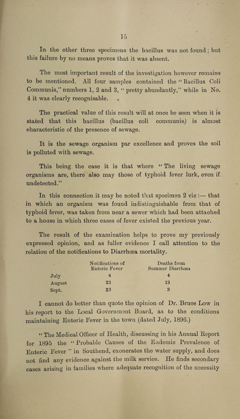 In the other three specimens the bacillus was not found ; but this failure by no means proves that it was absent. The most important result of the investigation however remains to be mentioned. All four samples contained the “ Bacillus Coli Communis,” numbers 1, 2 and 3, “ pretty abundantly,” while in No. 4 it was clearly recognisable. * The practical value of this result will at once be seen when it is stated that this bacillus (bacillus coli communis,) is almost characteristic of the presence of sewage. It is the sewage organism par excellence and proves the soil is polluted with sewage. This being the case it is that where “ The living sewage organisms are, there also may those of typhoid fever lurk, even if undetected.” In this connection it may be noted that specimen 2 viz :— that in which an organism was found indistinguishable from that of typhoid fever, was taken from near a sewer which had been attached to a house in which three cases of fever existed the previous year. The result of the examination helps to prove my previously expressed opinion, and as fuller evidence I call attention to the relation of the notifications to Diarrhoea mortality. , Notifications of Deaths from Enteric Fever Summer Diarrhoea July 4 4 August 23 13 Sept. 23 3 I cannot do better than quote the opinion of Dr. Bruce Low in his report to the Local Government Board, as to the conditions maintaining Enteric Fever in the town (dated July, 1896.) “ The Medical Officer of Health, discussing in his Annual Report for 1895 the “ Probable Causes of the Endemic Prevalence of Enteric Fever ” in Southend, exonerates the water supply, and does not find any evidence against the milk service. He finds secondary cases arising in families where adequate recognition of the necessity