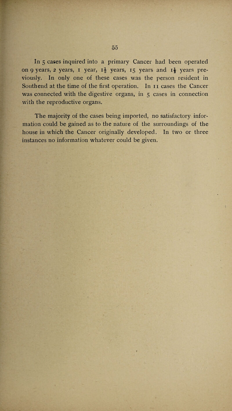 In 5 cases inquired into a primary Cancer had been operated on 9 years, 2 years, 1 year, i\ years, 15 years and years pre¬ viously. In only one of these cases was the person resident in Southend at the time of the first operation. In n cases the Cancer was connected with the digestive organs, in 5 cases in connection with the reproductive organs. The majority of the cases being imported, no satisfactory infor¬ mation could be gained as to the nature of the surroundings of the house in which the Cancer originally developed. In two or three instances no information whatever could be given.