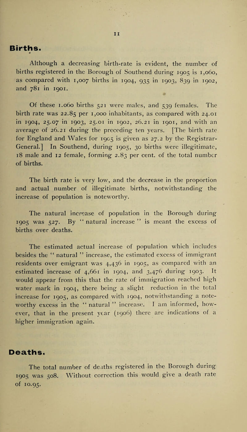 Births. Althoug'h a decreasing birth-rate is evident, the number of births regi'istered in the Borough of Southend during 1905 is 1,060, as compared with 1,007 fifths in 1904, 935 in 1903, 839 in 1902, and 781 in 1901. Of these 1.060 births 521 were males, and 539 females. The birth rate was 22.85 1,000 inhabitants, as compared with 24.01 in 1904, 25.07 in 1903, 25.01 in 1902, 26.21 in 1901, and with an average of 26.21 during the preceding ten years. [The birth rate for England and Wales for 1905 is given as 27.2 by the Registrar- General.] In Southend, during 1905, 30 births were illegitimate, 18 male and 12 female, forming 2.83 per cent, of the total number of births. The birth rate is very low, and the decrease in the proportion and actual number of illegitimate births, notwithstanding the increase of population is noteworthy. The natural increase of population in the Borough during 1905 was 527. By “ natural increase ” is meant the excess of births over deaths. The estimated actual increase of population which includes besides the “ natural ” increase, the estimated excess of immigrant residents over emigrant was 4,436 in 1905, as compared with an estimated increase of 4,661 in 1904, and 3,476 during 1903. It would appear from this that the rate of immigration reached high water mark in 1904, there being a slight reduction in the total increase for 1905, as compared with 1904, notwithstanding a note¬ worthy excess in the “ natural ” increase. I am informed, how¬ ever, that in the present year (1906) there are indications of a higher immigration again. Deaths. The total number of deaths registered in the Borough during 1905 was 508. Without correction this would give a death rate of 10.95.