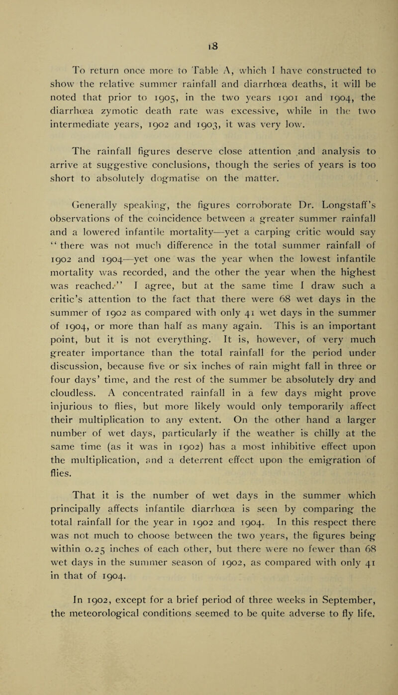 To return once more to Table A, which I have constructed to show the relative summer rainfall and diarrhoea deaths, it will be noted that prior to 1905, in the two years 1901 and 1904, the diarrhcea zymotic death rate was excessive, while in tlie two intermediate years, 1902 and 1903, it was very low. The rainfall fig'ures deserve close attention and analysis to arrive at sug-g-estive conclusions, though the series of years is too short to absolutely dogmatise on the matter. (lenerally speaking, the figures corroborate Dr. Longstaff’s observations of the coincidence between a greater summer rainfall and a lowered infantile mortality—yet a carping critic would say “ there was not much difference in the total summer rainfall of 1902 and 1904—yet one was the year when the lowest infantile mortality was recorded, and the other the year when the highest was reached.’” I agree, but at the same time I draw such a critic’s attention to the fact that there were 68 wet days in the summer of 1902 as compared with only 41 wet days in the summer of 1904, or more than half as many again. This is an important point, but it is not everything. It is, however, of very much greater importance than the total rainfall for the period under discussion, because five or six inches of rain might fall in three or four days’ time, and the rest of the summer be absolutely dry and cloudless. A concentrated rainfall in a few days might prove injurious to flies, but more likely would only temporarily alTect their multiplication to any extent. On the other hand a larger number of wet days, particularly if the weather is chilly at the same time (as it was in 1902) has a most inhibitive effect upon the multiplication, and a deterrent effect upon the emigration of flies. That it is the number of wet days in the summer which principally affects infantile diarrhoea is seen by comparing the total rainfall for the year in 1902 and 1904. In this respect there was not much to choose between the two years, the figures being within 0.25 inches of each other, but there were no few^er than 68 wet days in the summer season of 1902, as compared with only 41 in that of 1904. In 1902, except for a brief period of three weeks in September, the meteorological conditions seemed to be quite adverse to fly life,