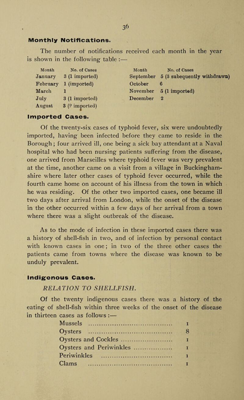 3^ Monthly Notifications. The number of notifications received each month in the year is shown in the following table : — Month No. of Cases Month No. of Cases January 3 (1 imported) September 5 (3 subequently withdrawn) February 1 (imported) October 6 March 1 November 5 (1 imported) July August 3 (1 imported) 3 (9 imported) December 2 Imported Cases. Of the twenty-six cases of typhoid fever, six were undoubtedly imported, having been infected before they came to reside in the Borough ; four arrived ill, one being a sick bay attendant at a Naval hospital who had been nursing patients suffering from the disease, one arrived from Marseilles where typhoid fever was very prevalent at the time, another came on a visit from a village in Buckingham¬ shire where later other cases of typhoid fever occurred, while the fourth came home on account of his illness from the town in which he was residing. Of the other two imported cases, one became ill two days after arrival from London, while the onset of the disease in the other occurred within a few days of her arrival from a town where there was a slight outbreak of the disease. As to the mode of infection in these imported cases there was a history of shell-fish in two, and of infection by personal contact with known cases in one; in two of the three other cases the patients came from towns where the disease was known to be unduly prevalent. Indigenous Cases. RELATION TO SHELLFISH. Of the twenty indigenous cases there was a history of the eating of shell-fish within three weeks of the onset of the disease in thirteen cases as follows :— Mussels . i Oysters . 8 Oysters and Cockles . i Oysters and Periwinkles . i Periwinkles . 1