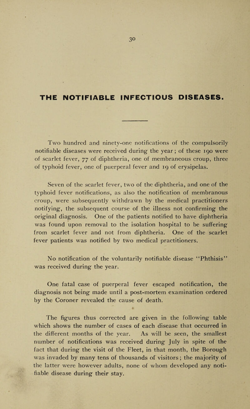 THE NOTIFIABLE INFECTIOUS DISEASES. Two hundred and ninety-one notifications of the compulsorily notifiable diseases were received during the year; of these 190 were of scarlet fever, 77 of diphtheria, one of membraneous croup, three of typhoid fever, one of puerperal fever and 19 of erysipelas. Seven of the scarlet fever, two of the diphtheria, and one of the typhoid fever notifications, as also the notification of membranous croup, were subsequently withdrawn by the medical practitioners notifying, the subsequent course of the illness not confirming the original diagnosis. One of the patients notified to have diphtheria was found upon removal to the isolation hospital to be suffering from scarlet fever and not from diphtheria. One of the scarlet fever patients was notified by two medical practitioners. No notification of the voluntarily notifiable disease “Phthisis” was received during the year. One fatal case of puerperal fever escaped notification, the diagnosis not being made until a post-mortem examination ordered by the Coroner revealed the cause of death. * The figures thus corrected are given in the following table which shows the number of cases of each disease that occurred in the different months of the year. As will be seen, the smallest number of notifications was received during July in spite of the fact that during the visit of the Fleet, in that month, the Borough was invaded by many tens of thousands of visitors; the majority of the latter were however adults, none of whom developed any noti¬ fiable disease during their stay.