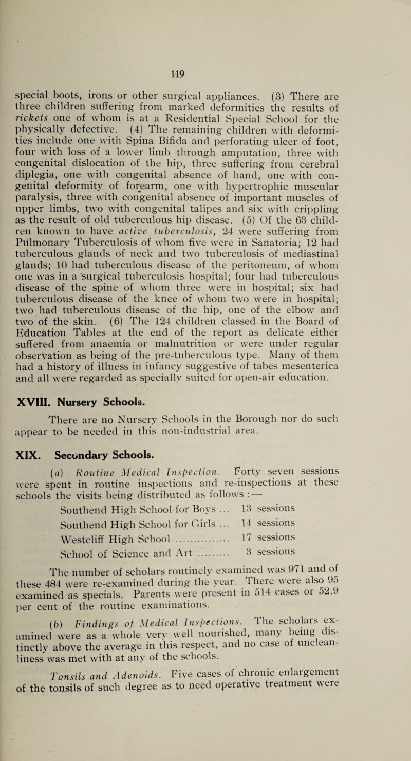 special boots, irons or other surgical appliances. (3) There are three children suffering from marked deformities the results of rickets one of whom is at a Residential Special School for the physically defective. (4) The remaining children with deformi¬ ties include one with Spina Bifida and perforating ulcer of foot, four with loss of a lower limb through amputation, three with congenital dislocation of the hip, three suffering from cerebral diplegia, one with congenital absence of hand, one with con¬ genital deformity of forearm, one with hypertrophic muscular paralysis, three with congenital absence of important muscles of upper limbs, two with congenital talipes and six with crippling as the result of old tuberculous hip disease. (5) Of the 63 child¬ ren known to have active tuberculosis, 24 were suffering from Pulmonary Tuberculosis of whom five were in Sanatoria; 12 had tuberculous glands of neck and two tuberculosis of mediastinal glands; 10 had tuberculous disease of the peritoneum, of whom one was in a surgical tuberculosis hospital; four had tuberculous disease of the spine of whom three were in hospital; six had tuberculous disease of the knee of whom two were in hospital; two had tuberculous disease of the hip, one of the elbow and two of the skin. (6) The 124 children classed in the Board of Education Tables at the end of the report as delicate either suffered from anaemia or malnutrition or were under regular observation as being of the pre-tuberculous type. Many of them had a history of illness in infancy suggestive of tabes mesenterica and all were regarded as specially suited for open-air education. XVIII. Nursery Schools. There are no Nursery Schools in the Borough nor do such appear to be needed in this non-industrial area. XIX. Secondary Schools. (rt) Routine Medical Inspection. Forty seven sessions were spent in routine insj^ections and re-inspections at these schools the visits being distributed as follows : — Southend High vSchool for Boys ... 13 sessions Southend High School for (Erls ... 14 sessions Westcliff High vSchool . 17 sessions vSchool of Science and Art . 3 sessions The number of scholars routinely examined was 971 and of these 484 were re-examined during the year. There were also 95 examined as specials. Parents were present in 514 cases or 52.9 ])er cent of the routine examinations. {b) Findings of Medical ]nspections. The scholars ex¬ amined were as a whole very well nourished, many being dis¬ tinctly above the average in this respect, and no case of unclean¬ liness was met with at any of the schools. Tonsils and Adenoids. Five cases of chronic enlargement of the tonsils of such degree as to need operative treatment were