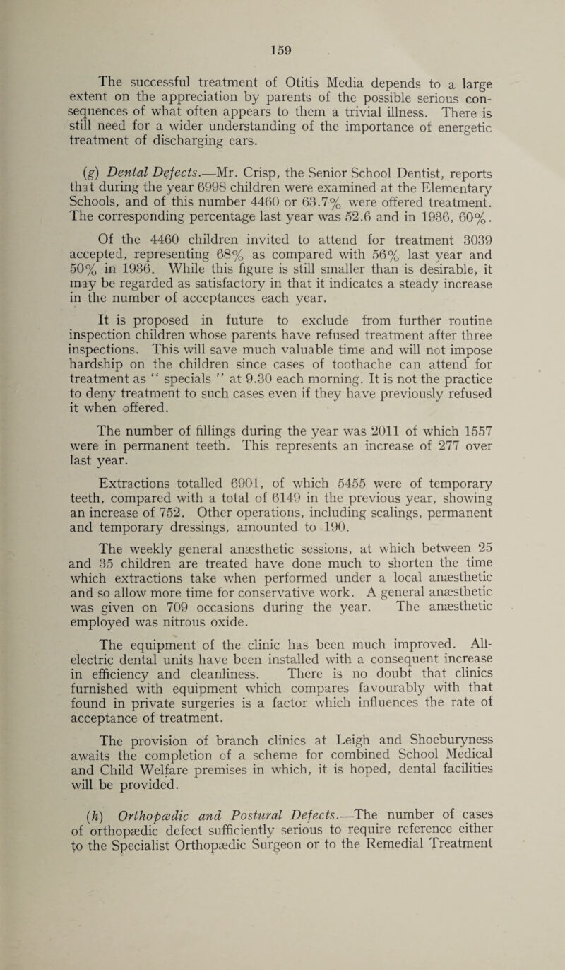 The successful treatment of Otitis Media depends to a large extent on the appreciation by parents of the possible serious con¬ sequences of what often appears to them a trivial illness. There is still need for a wider understanding of the importance of energetic treatment of discharging ears. (g) Dental Dejects.—Mr. Crisp, the Senior School Dentist, reports that during the year 6998 children were examined at the Elementary Schools, and of this number 4460 or 63.7% were offered treatment. The corresponding percentage last year was 52.6 and in 1936, 60%. Of the 4460 children invited to attend for treatment 3039 accepted, representing 68% as compared with 56% last year and 50% in 1936. While this figure is still smaller than is desirable, it may be regarded as satisfactory in that it indicates a steady increase in the number of acceptances each year. It is proposed in future to exclude from further routine inspection children whose parents have refused treatment after three inspections. This will save much valuable time and will not impose hardship on the children since cases of toothache can attend for treatment as “ specials ” at 9.30 each morning. It is not the practice to deny treatment to such cases even if they have previously refused it when offered. The number of fillings during the year was 2011 of which 1557 were in permanent teeth. This represents an increase of 277 over last year. Extractions totalled 6901, of which 5455 were of temporary teeth, compared with a total of 6149 in the previous year, showing an increase of 752. Other operations, including scalings, permanent and temporary dressings, amounted to 190. The weekly general anaesthetic sessions, at which between 25 and 35 children are treated have done much to shorten the time which extractions take when performed under a local anaesthetic and so allow more time for conservative work. A general anaesthetic was given on 709 occasions during the year. The anaesthetic employed was nitrous oxide. The equipment of the clinic has been much improved. All¬ electric dental units have been installed with a consequent increase in efficiency and cleanliness. There is no doubt that clinics furnished with equipment which compares favourably with that found in private surgeries is a factor which influences the rate of acceptance of treatment. The provision of branch clinics at Leigh and Shoeburyness awaits the completion of a scheme for combined School Medical and Child Welfare premises in which, it is hoped, dental facilities will be provided. (h) Orthopedic and Postural Defects.—The number of cases of orthopaedic defect sufficiently serious to require reference either to the Specialist Orthopaedic Surgeon or to the Remedial Treatment