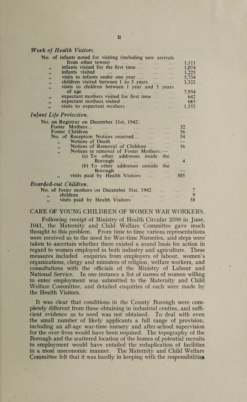 Work of Health Visitors. No. of infants noted for visiting (including new arrivals from other towns) . 1,111 infants visited for the first time. 1,074 infants visited . 1,223 visits to infants under one year ... ... ... 5,734 children visited between 1 to 5 years ... ... 3,322 visits to children between 1 year and 5 years of age . 7,954 expectant mothers visited for first time ... ... 642 expectant mothers visited ... ... ... ... 685 visits to expectant mothers ... ... ... 1,352 Infant Life Protection. No. on Registrar on December 31st, 1942: Foster Mothers... Foster Children No. of Reception Notices received... „ Notices of Death „ Notices of Removal of Children ... „ Notices re removal of Foster Mothers: — (a) To other, addresses inside the Borough ... (b) To other addresses outside the Borough ... „ visits paid by Health Visitors Boarded-out Children. No. of foster mothers on December 31st, 1942 ... ... 7 „ children .i. 9 „ visits paid by Health Visitors ... ... ... 38 CARE OF YOUNG CHILDREN OF WOMEN WAR WORKERS. Following receipt of Ministry of Health Circular 2388 in June, 1941, the Maternity and Child Welfare Committee gave much thought to this problem. From time to time various representations were received as to the need for War-time Nurseries, and steps were taken to ascertain whether there existed a sound basis for action in regard to women employed in both industry and agriculture. These measures included enquiries from employers of labour, women’s organizations, clergy and ministers of religion, welfare workers, and consultations with the officials of the Ministry of Labour and National Service. In one instance a list of names of women willing to enter employment was submitted to the Maternity and Child Welfare Committee, and detailed enquiries of each were made by the Health Visitors. It was clear that conditions in the County Borough were com¬ pletely different from those obtaining in industrial centres, and suffi¬ cient evidence as to need was not obtained. To deal with even the small number of likely applicants a full range of provision, including an all-age war-time nursery and after-school supervision for the over fives would have been required. The topography of the Borough and the scattered location of the homes of potential recruits to employment would have entailed the reduplication of facilities in a most uneconomic manner. The Maternity and Child Welfare Committee felt that it was hardly in keeping with the responsibilitj^ 32 36 54 36 4 305 «