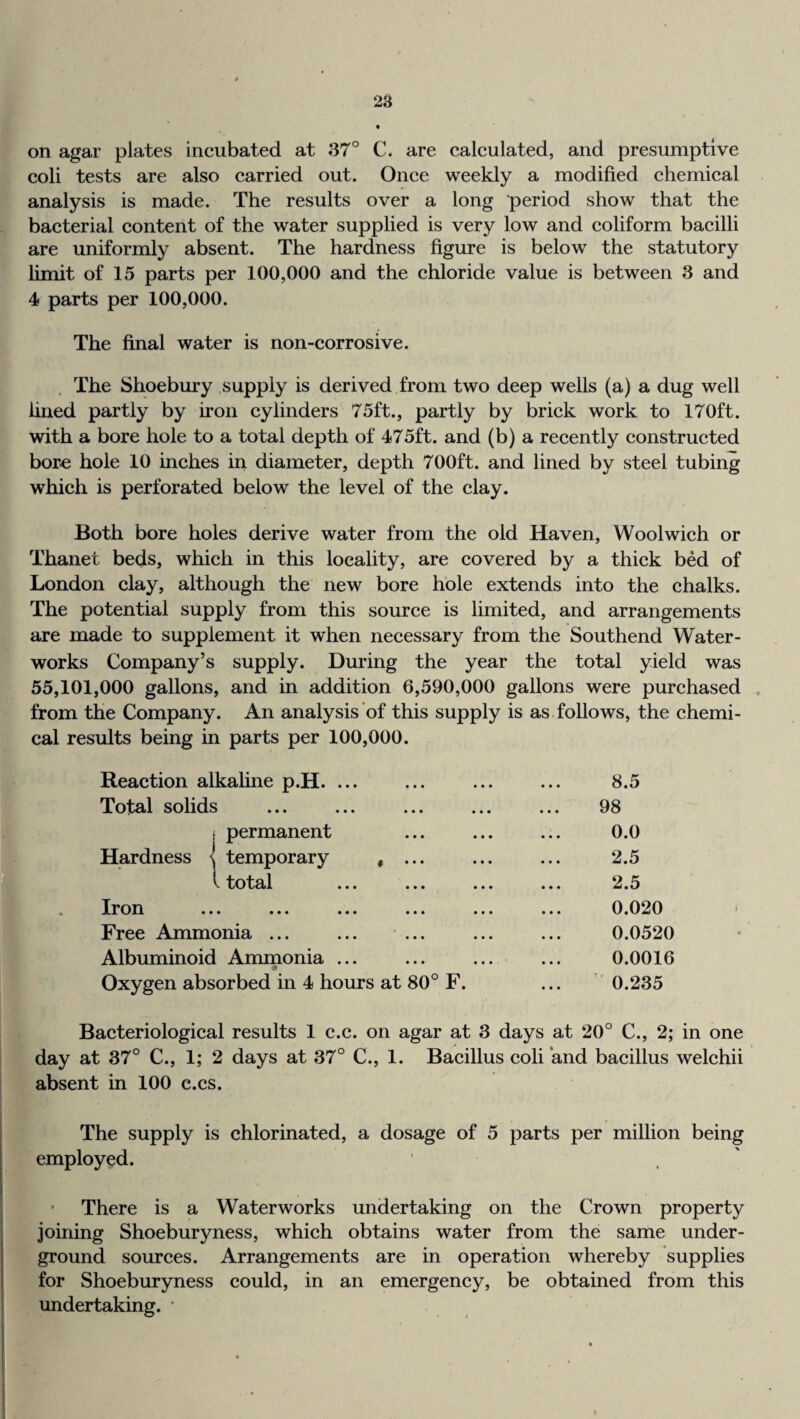 on agar plates incubated at 37° C. are calculated, and presumptive coli tests are also carried out. Once weekly a modified chemical analysis is made. The results over a long period show that the bacterial content of the water supplied is very low and coliform bacilli are uniformly absent. The hardness figure is below the statutory limit of 15 parts per 100,000 and the chloride value is between 3 and 4 parts per 100,000. The final water is non-corrosive. The Shoebury supply is derived from two deep wells (a) a dug well lined partly by iron cylinders^ 75ft., partly by brick work to 170ft. with a bore hole to a total depth of 475ft. and (b) a recently constructed bore hole 10 inehes in diameter, depth 700ft. and lined by steel tubing which is perforated below the level of the clay. Both bore holes derive water from the old Haven, Woolwich or Thanet beds, which in this locality, are covered by a thick bed of London clay, although the new bore hole extends into the chalks. The potential supply from this source is limited, and arrangements are made to supplement it when necessary from the Southend Water¬ works Company’s supply. During the year the total yield was 55,101,000 gallons, and in addition 6,590,000 gallons were purchased . from the Company. An analysis of this supply is as follows, the chemi¬ cal results being in parts per 100,000. i,. K'h' Reaction alkaline p.H. ... Total solids ! permanent Hardness < temporary , ... I total Xroix ... ... ... ... Free Ammonia ... Albuminoid Ammonia ... Oxygen absorbed in 4 hours at 80° F. 8.5 98 0.0 2.5 2.5 0.020 0.0520 0.0016 0.235 Bacteriological results 1 c.c. on agar at 3 days at 20° C., 2; in one day at 37° C., 1; 2 days at 37° C., 1. Bacillus coli and bacillus welchii absent in 100 c.cs. The supply is chlorinated, a dosage of 5 parts per million being employed. • There is a Waterworks undertaking on the Crown property joining Shoeburyness, which obtains water from the same under¬ ground sources. Arrangements are in operation whereby supplies for Shoeburyness could, in an emergency, be obtained from this imdertaking. '