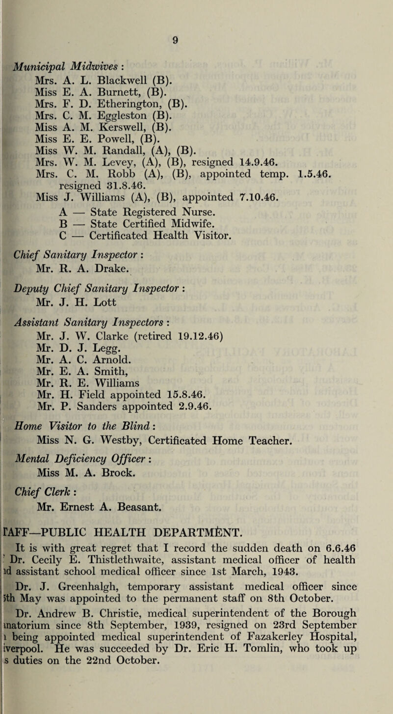 Municipal Midwives : Mrs. A. L. Blackwell (B). Miss E. A. Burnett, (B). Mrs. F. D. Etherington, (B). Mrs. C. M. Eggleston (B). Miss A. M. Kerswell, (B). Miss E. E. Powell, (B). Miss W. M. Randall, (A), (B). Mrs. W. M. Levey, (A), (B), resigned 14.9.46. Mrs. C. M. Robb (A), (B), appointed temp. 1.5.46. resigned 31.8.46. Miss J. Williams (A), (B), appointed 7.10.46. A — State Registered Nurse. B — State Certified Midwife. C — Certificated Health Visitor. Chief Sanitary Inspector : Mr. R. A. Drake. Deputy Chief Sanitary Inspector : Mr. J. H. Lott Assistant Sanitary Inspectors: Mr. J. W. Clarke (retired 19.12.46) Mr. D. J. Legg. Mr. A. C. Arnold. Mr. E. A. Smith, Mr. R. E. Williams ' I* Mr. H. Field appointed 15.8.46. ] I Mr. P. Sanders appointed 2.9.46. ^ Home Visitor to the Blind: * Miss N. G. Westby, Certificated Home Teacher. Mental Deficiency Officer: Miss M. A. Brock. Chief Clerk: Mr. Ernest A. Beasant. FAFF—PUBLIC HEALTH DEPARTMENT. I I It is with great regret that I record the sudden death on 6.6.46 |; Dr. Cecily E. Thistlethwaite, assistant medical officer of health ■ id assistant school medical officer since 1st March, 1943. i Dr. J. Greenhalgh, temporary assistant medical officer since lith May was appointed to the permanent staff on 8th October. Dr. Andrew B. Christie, medical superintendent of the Borough inatorium since 8th September, 1939, resigned on 23rd September ji being appointed medical superintendent of Fazakerley Hospital, iiverpool. He was succeeded by Dr. Eric H. Tomlin, who took up i s duties on the 22nd October.